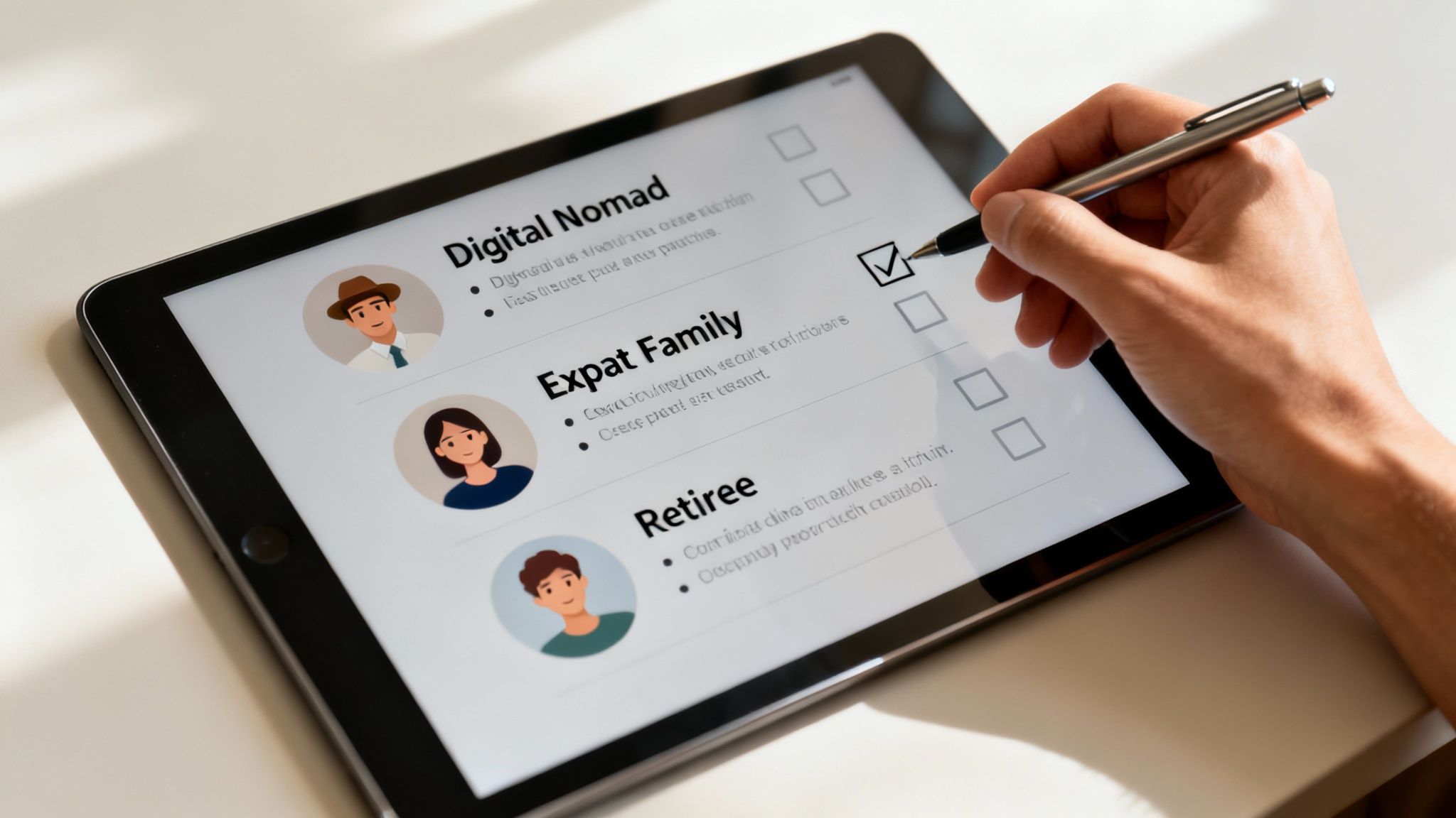 Hand checking 'Digital Nomad' on a tablet, exploring international health insurance options.
