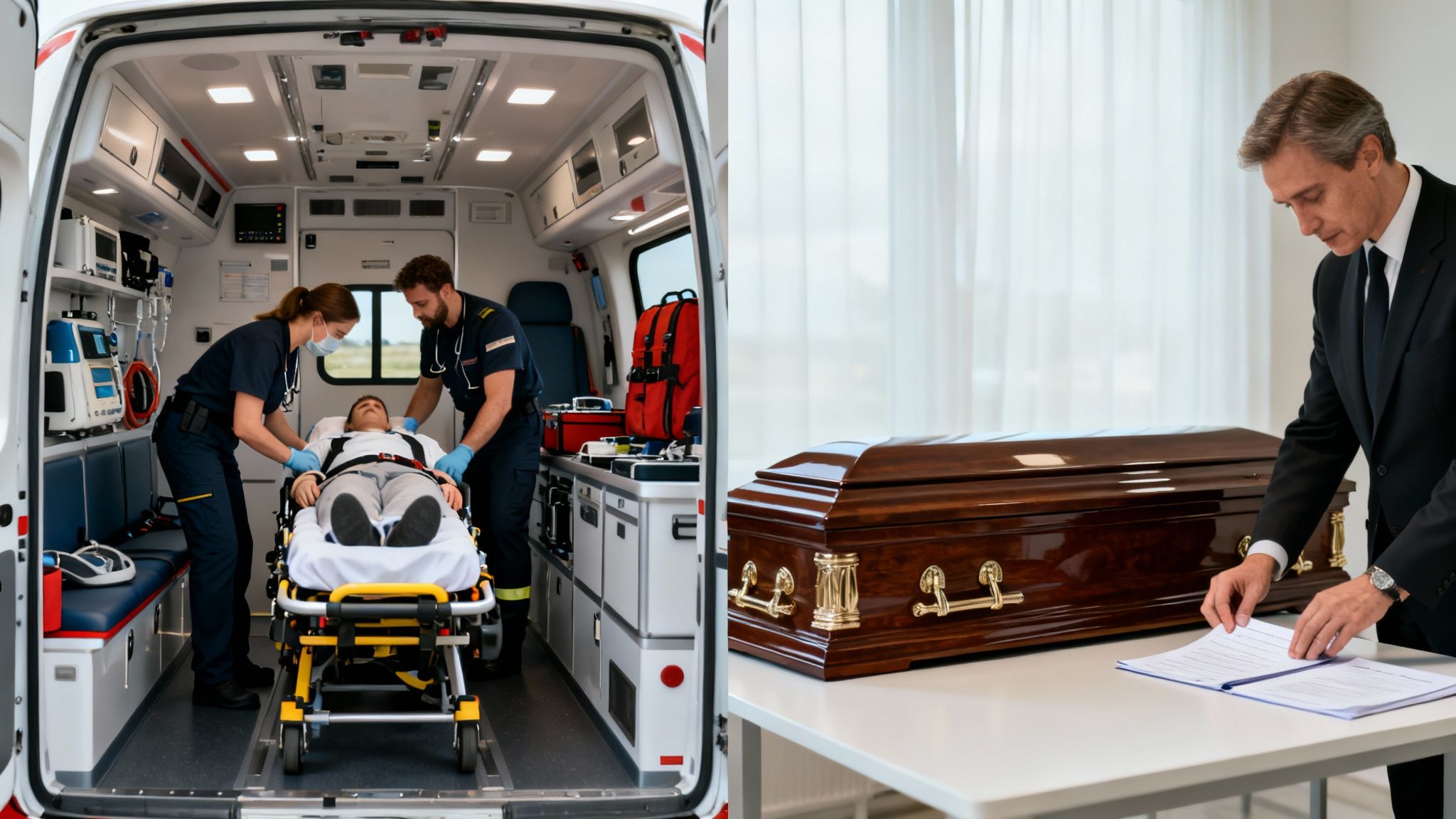 Paramedics treating a patient in an ambulance, alongside a man arranging funeral documents next to a coffin.