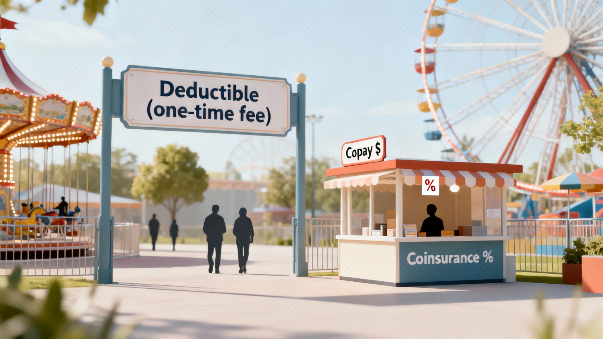An amusement park illustrating health insurance concepts: deductible, copay, and coinsurance.
