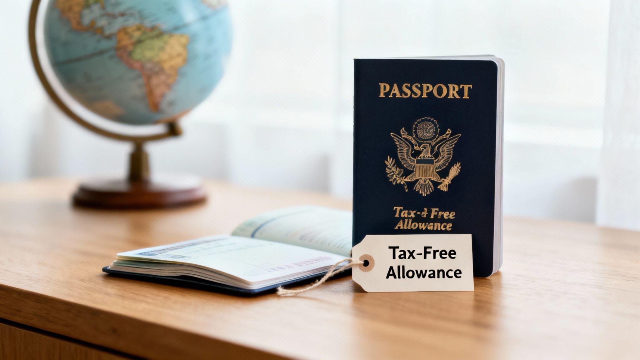 A US passport with a 'Tax-Free Allowance' tag sits on a wooden desk next to an open passport and a globe.