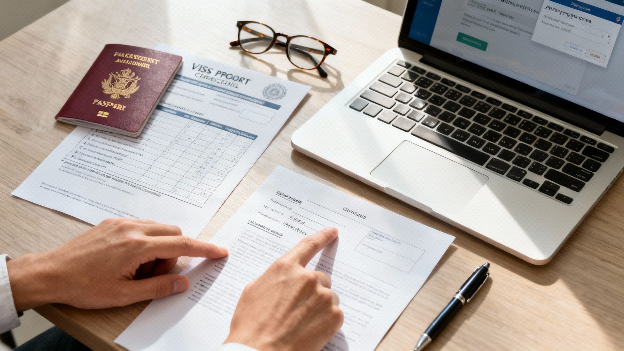 Person reviewing documents with a passport, laptop, and glasses on a wooden desk, likely preparing for an application.