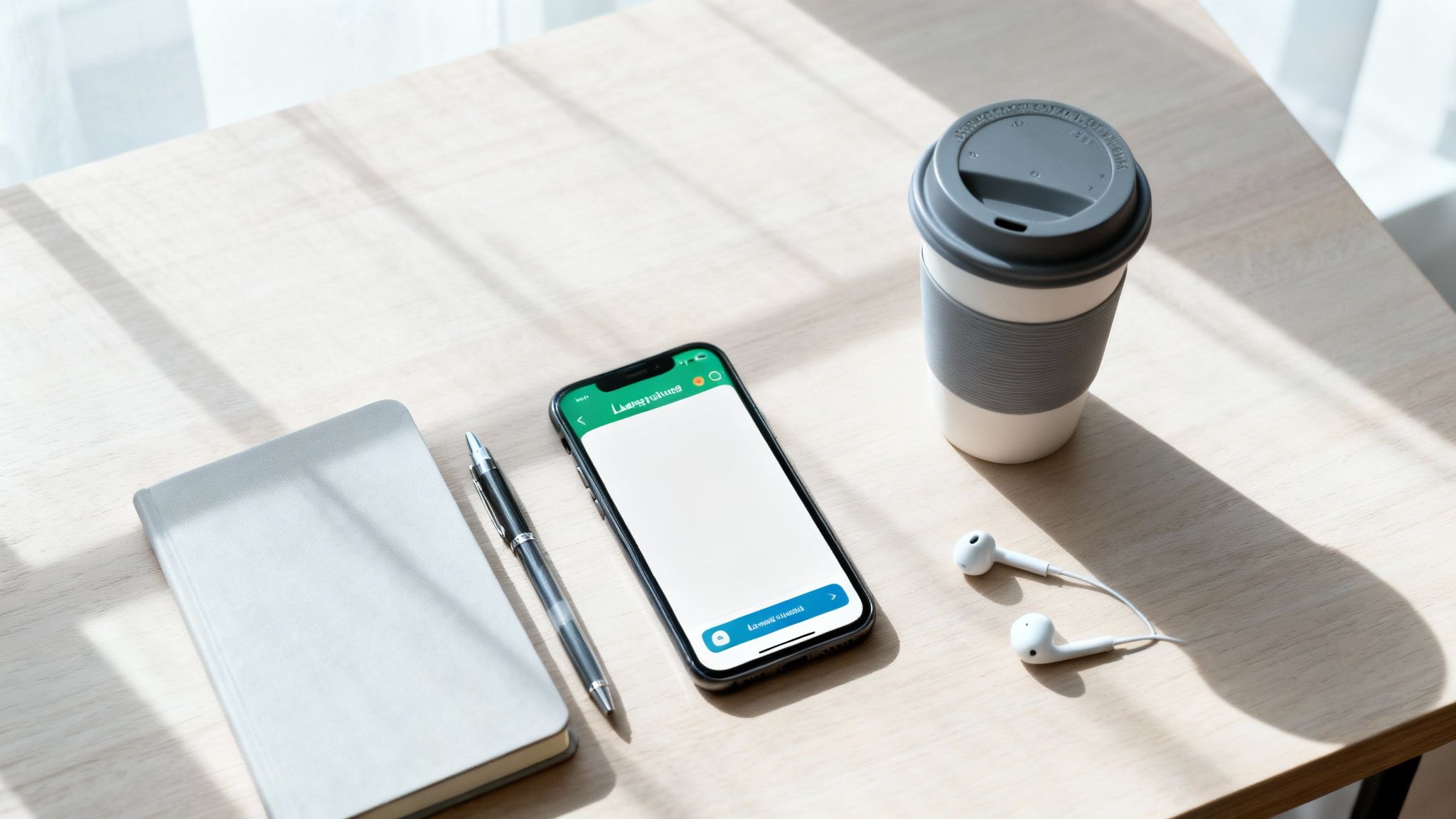 Flat lay of a modern workspace with a smartphone, notebook, pen, coffee cup, and earbuds on a wooden desk.