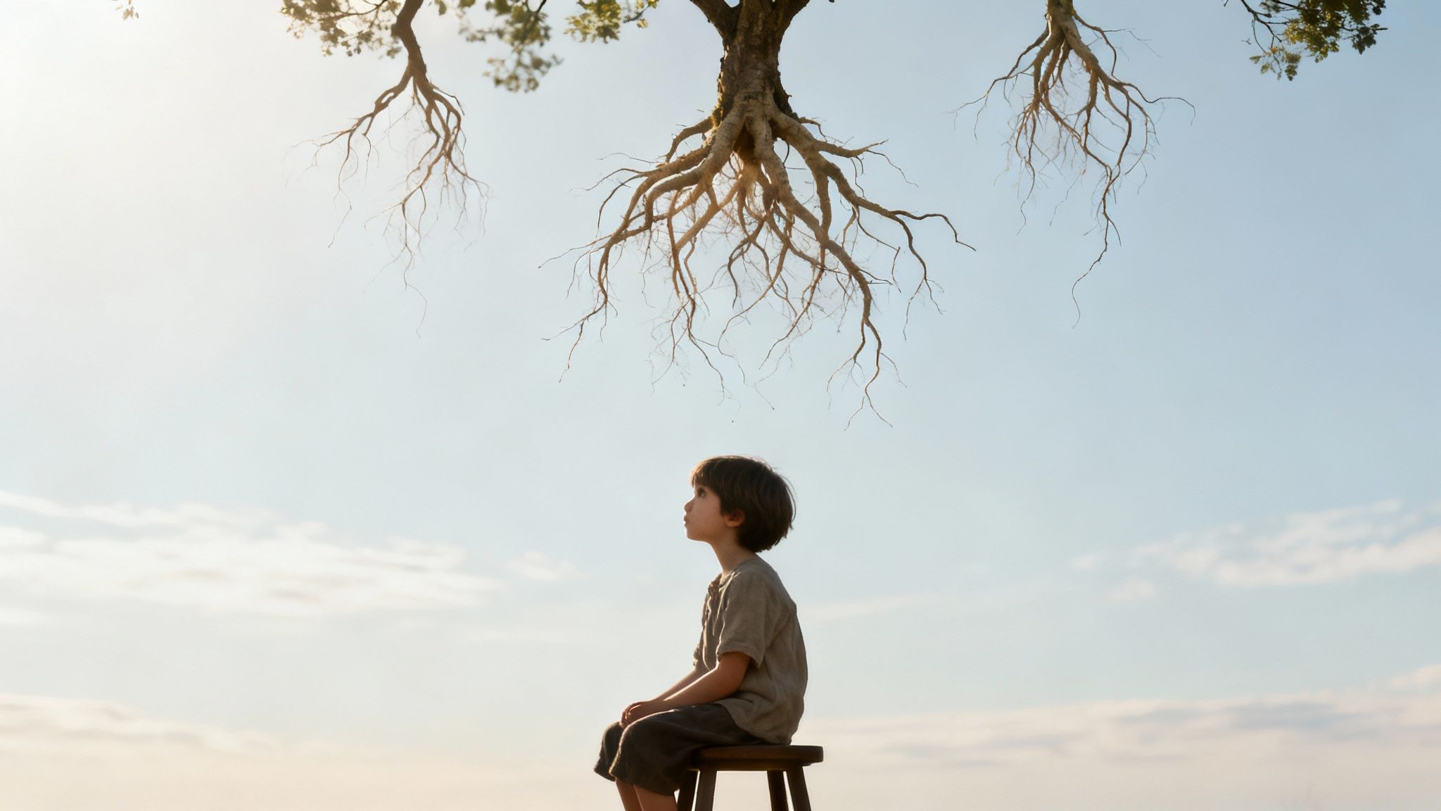 A young boy sits on a stool, looking up at inverted tree roots against a bright sky.