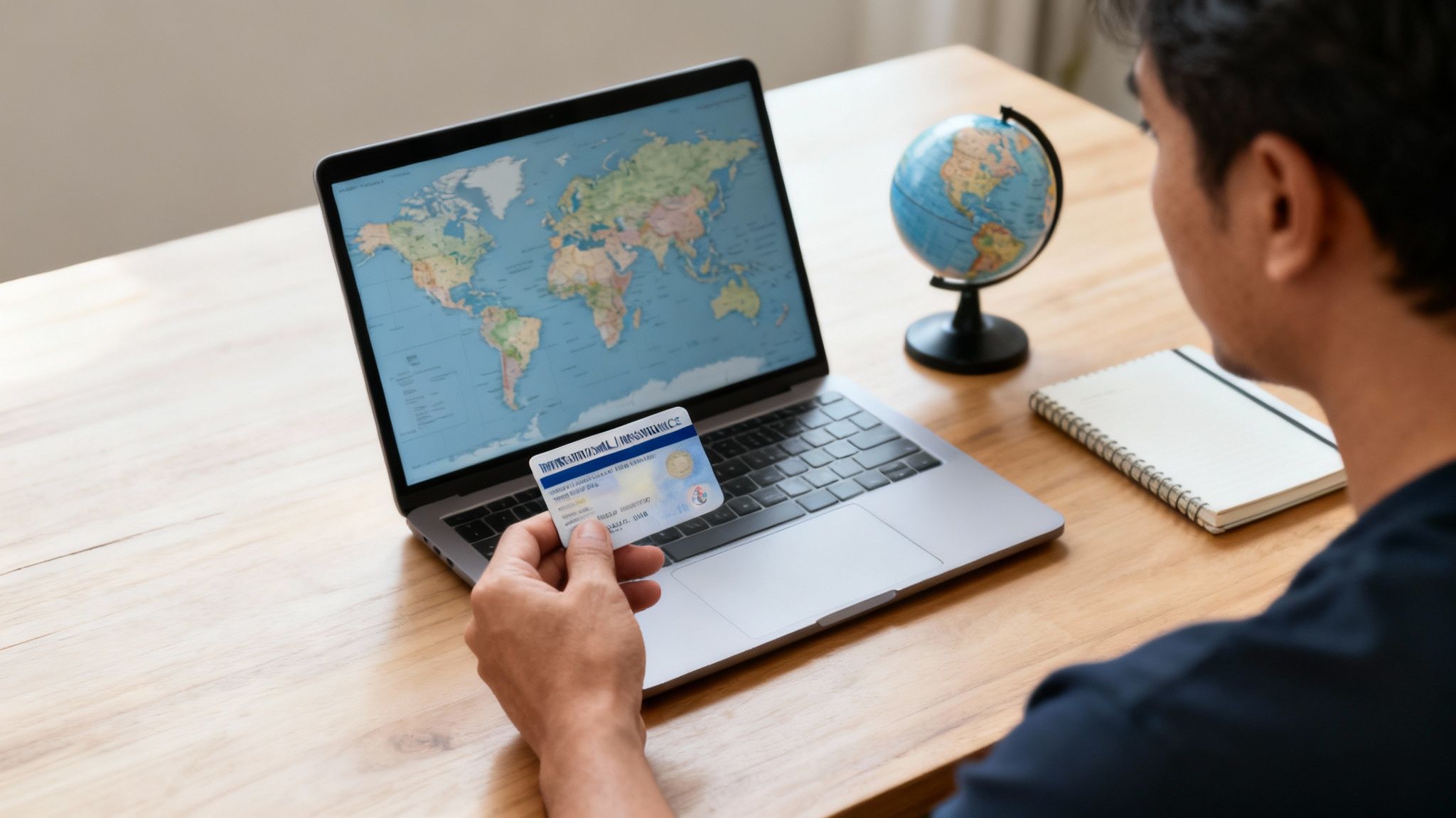 A person holds a credit card in front of a laptop displaying a world map, planning global travel.