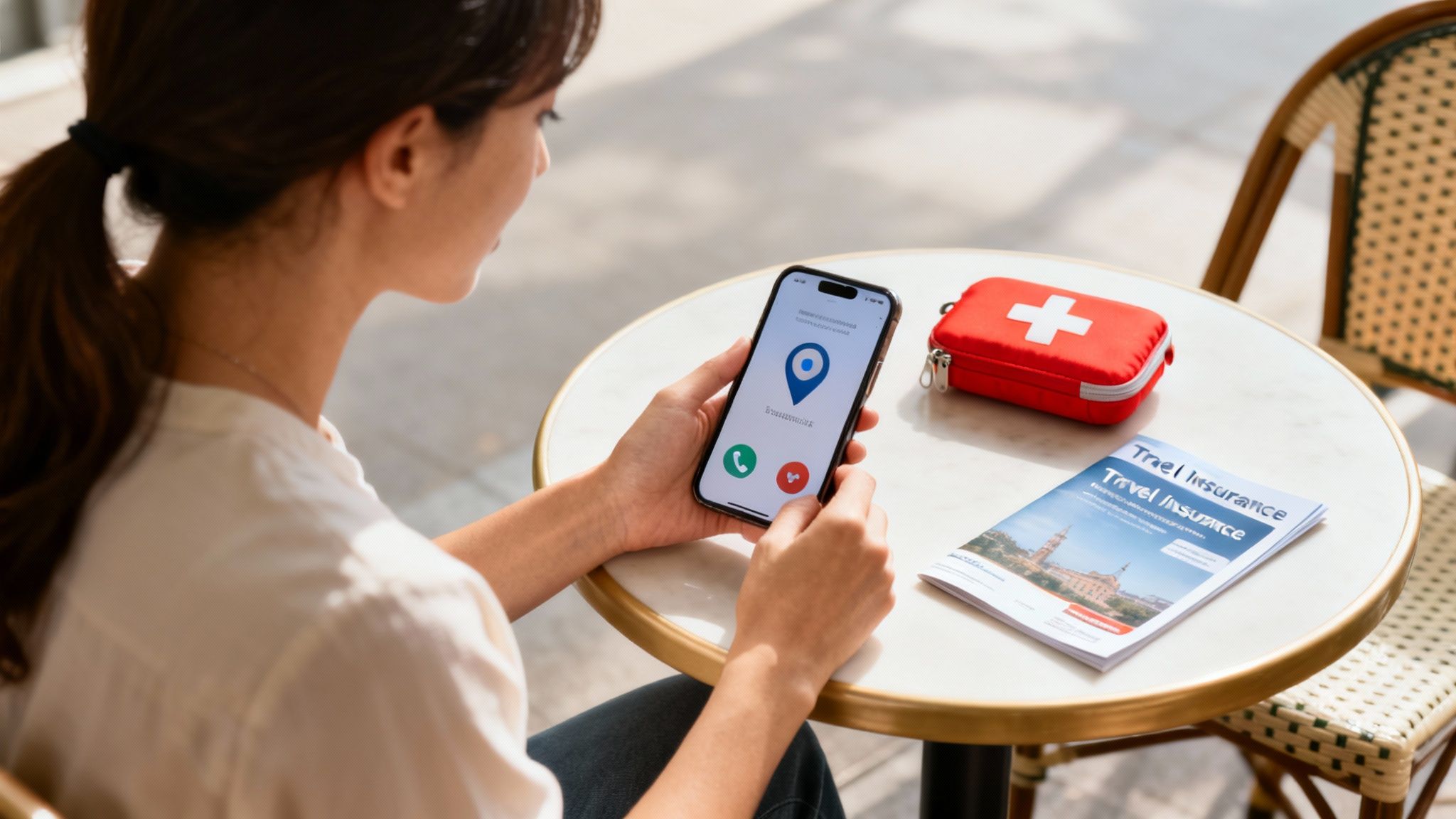 A woman holds a smartphone showing a location pin, next to a travel insurance brochure and a first aid kit.
