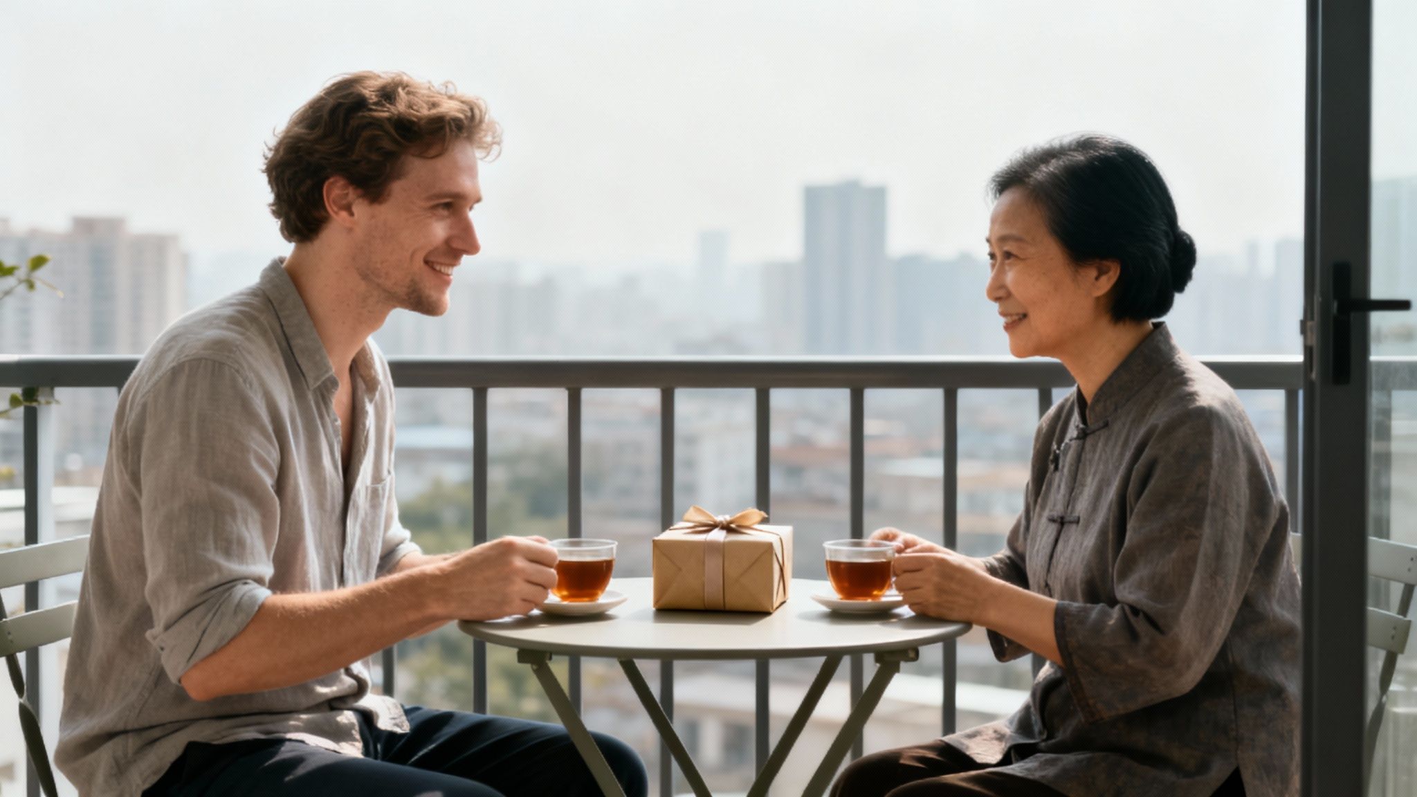Young western man and elderly Asian woman sharing tea and gift on balcony terrace