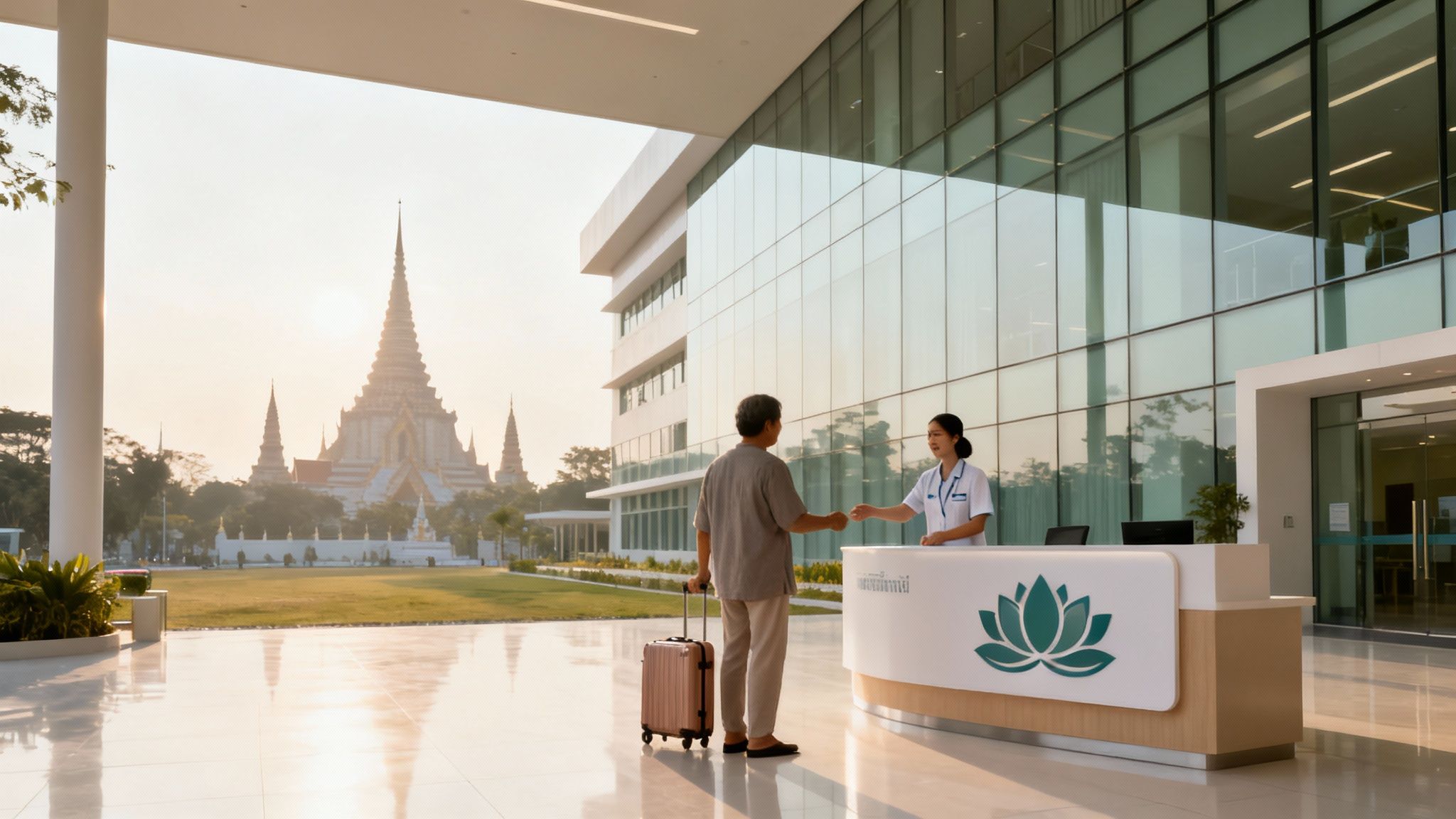 A man with a suitcase talks to a receptionist at a modern hospital entrance with a temple in the background.