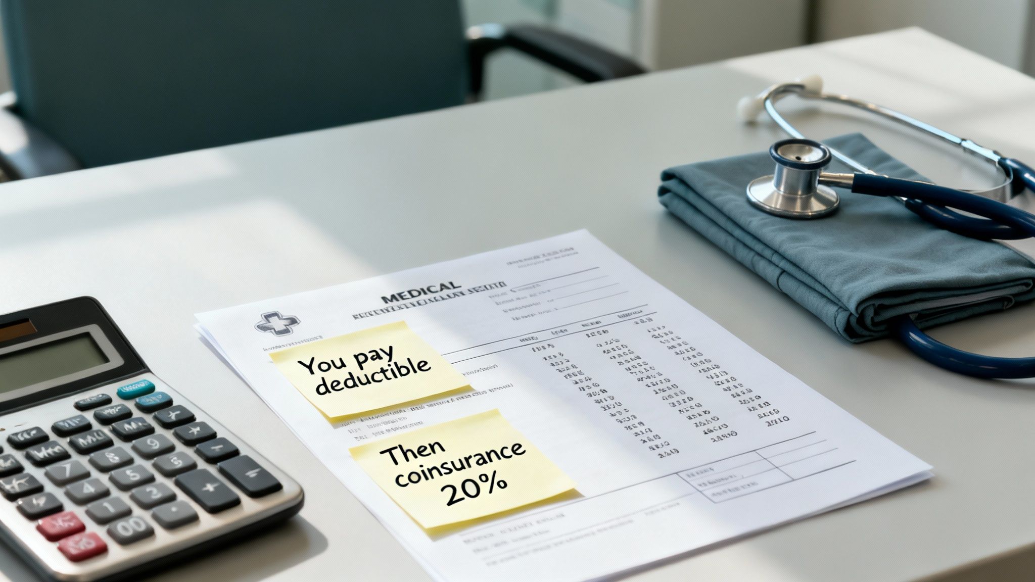 A medical bill on a desk with sticky notes explaining deductible and coinsurance, next to a calculator and stethoscope.