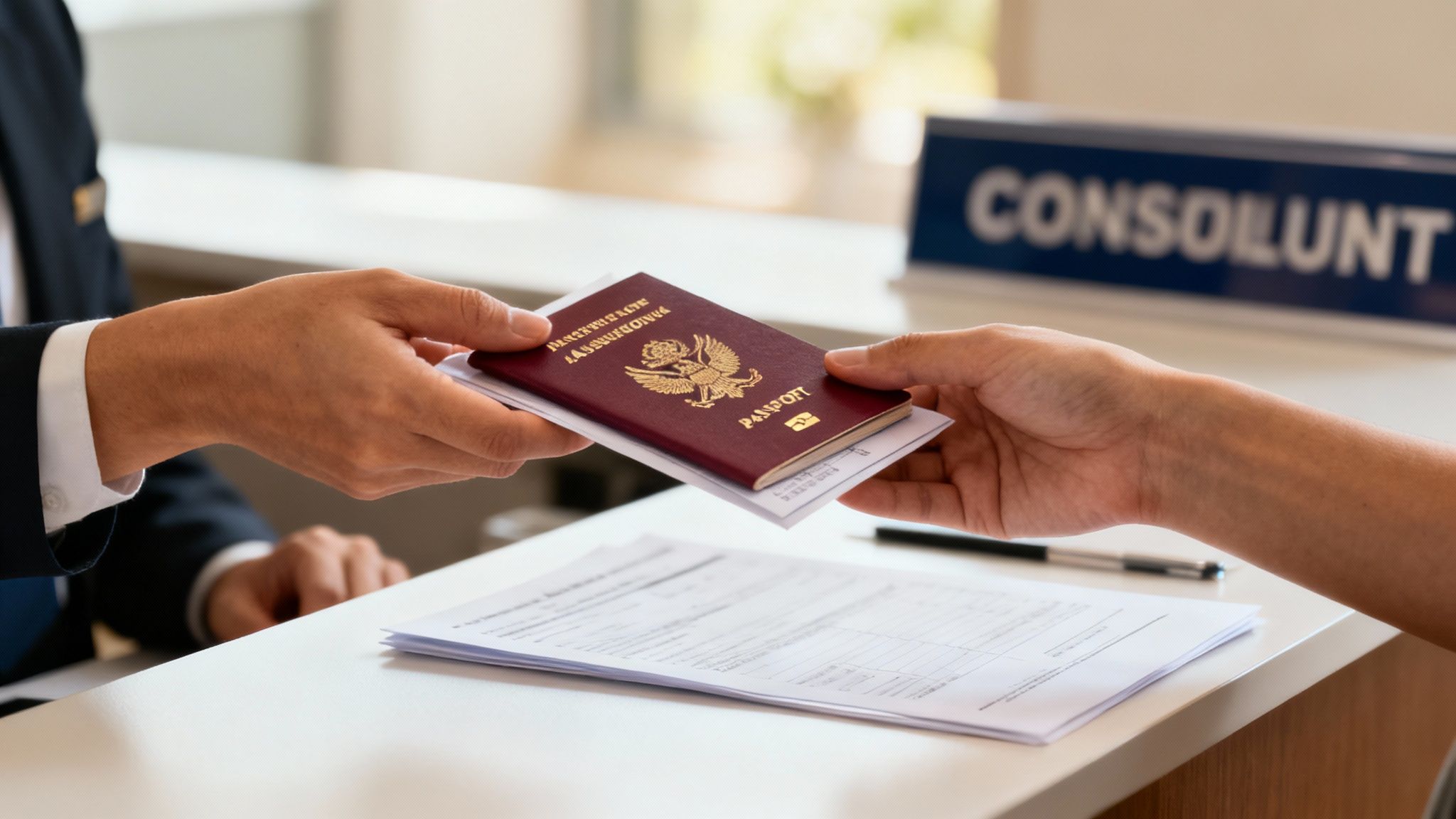 Person handing passport and documents to consultant during Mexican immigration consultation meeting