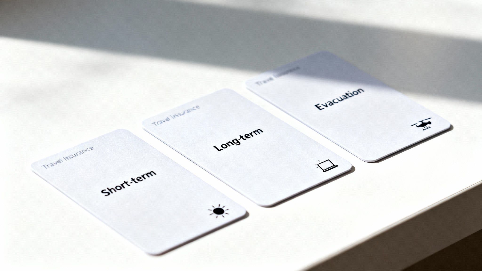 Three white cards detailing 'Travel Insurance: Short-term', 'Long-term', and 'Evacuation' on a white surface.
