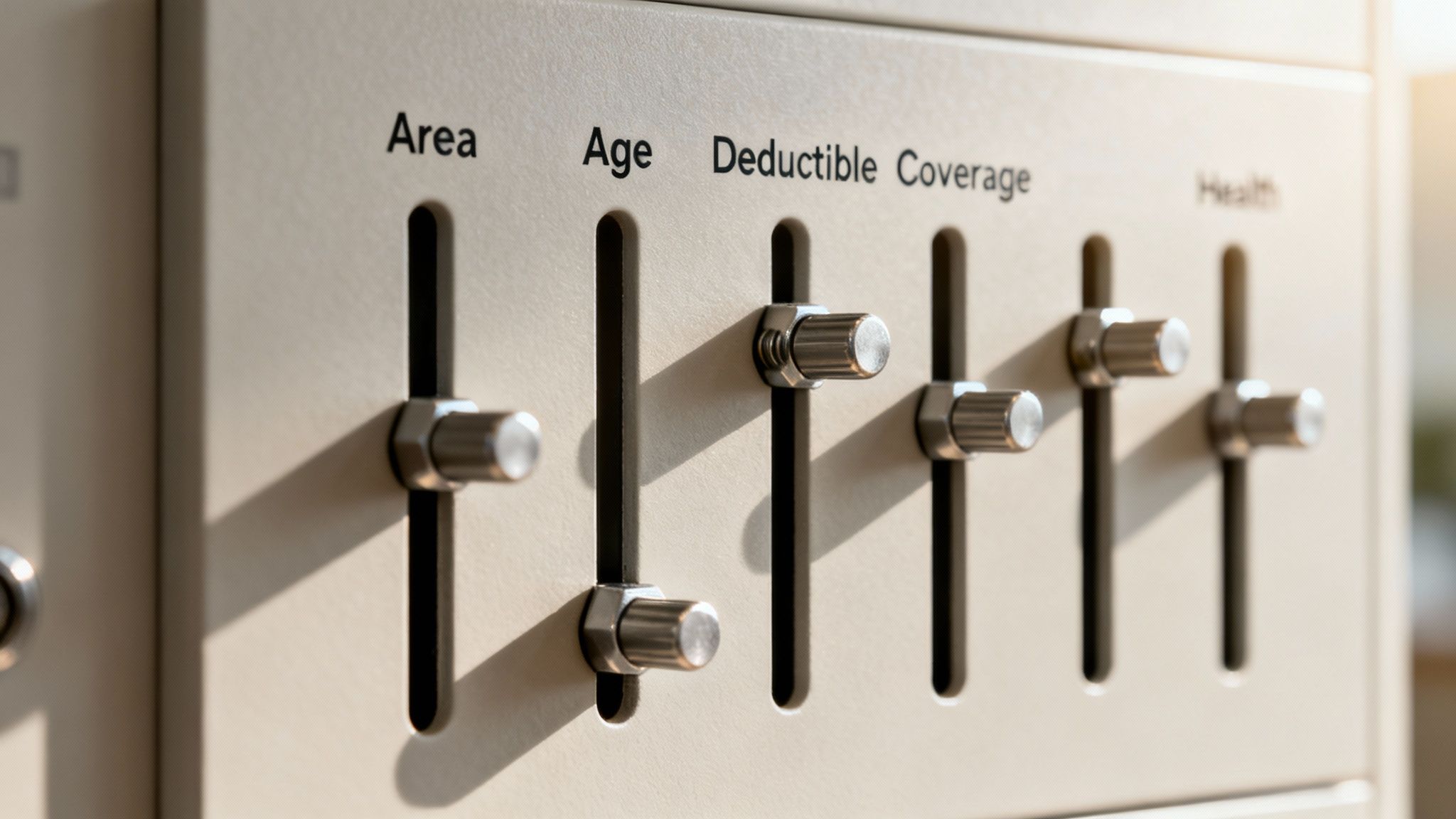 A beige panel with sliders labeled Area, Age, Deductible, Coverage, and Health, representing adjustable insurance factors.