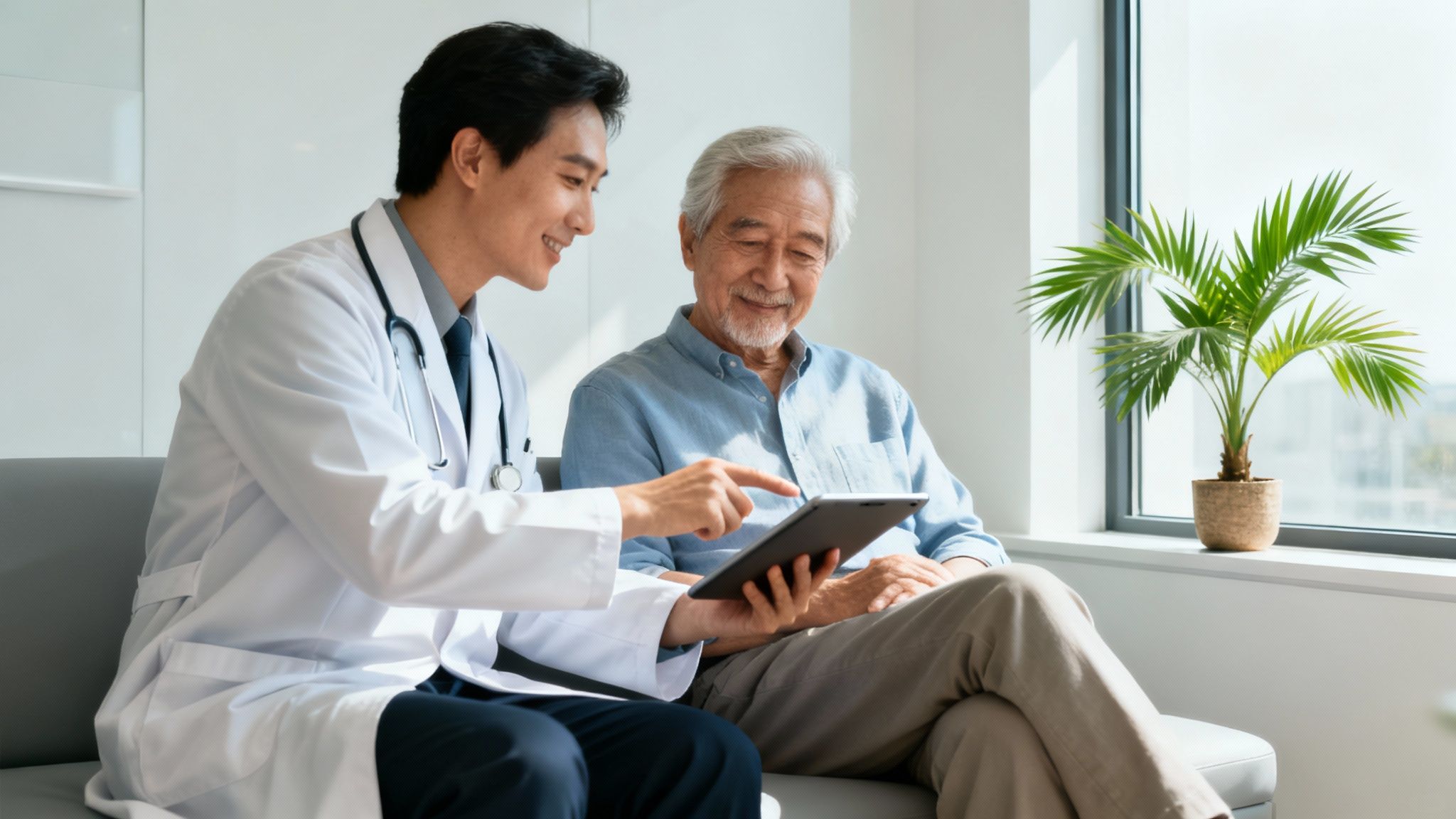 Smiling Asian doctor shows medical information on a tablet to an elderly patient during a consultation.