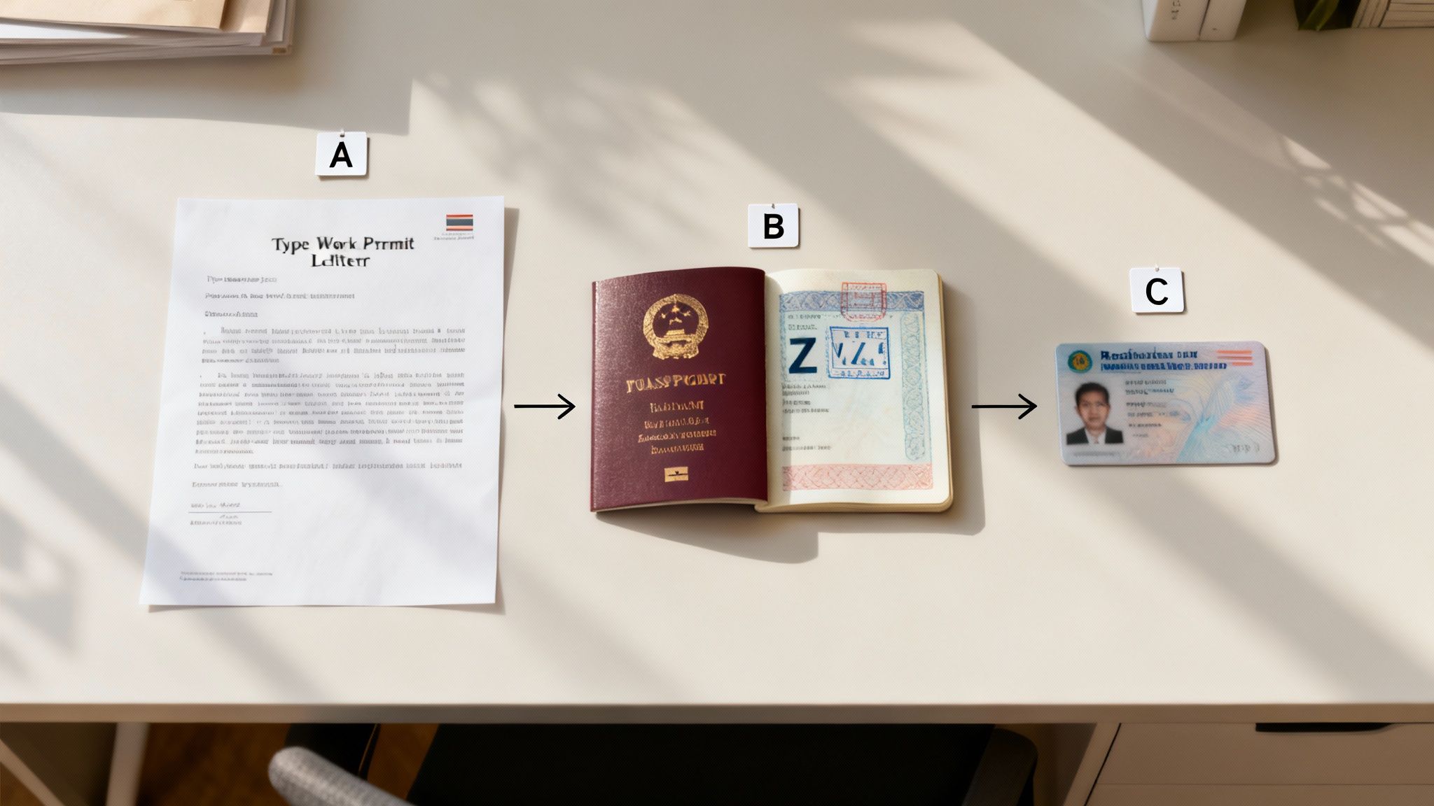 A work permit letter, open passport, and ID card laid out in a progression on a desk.