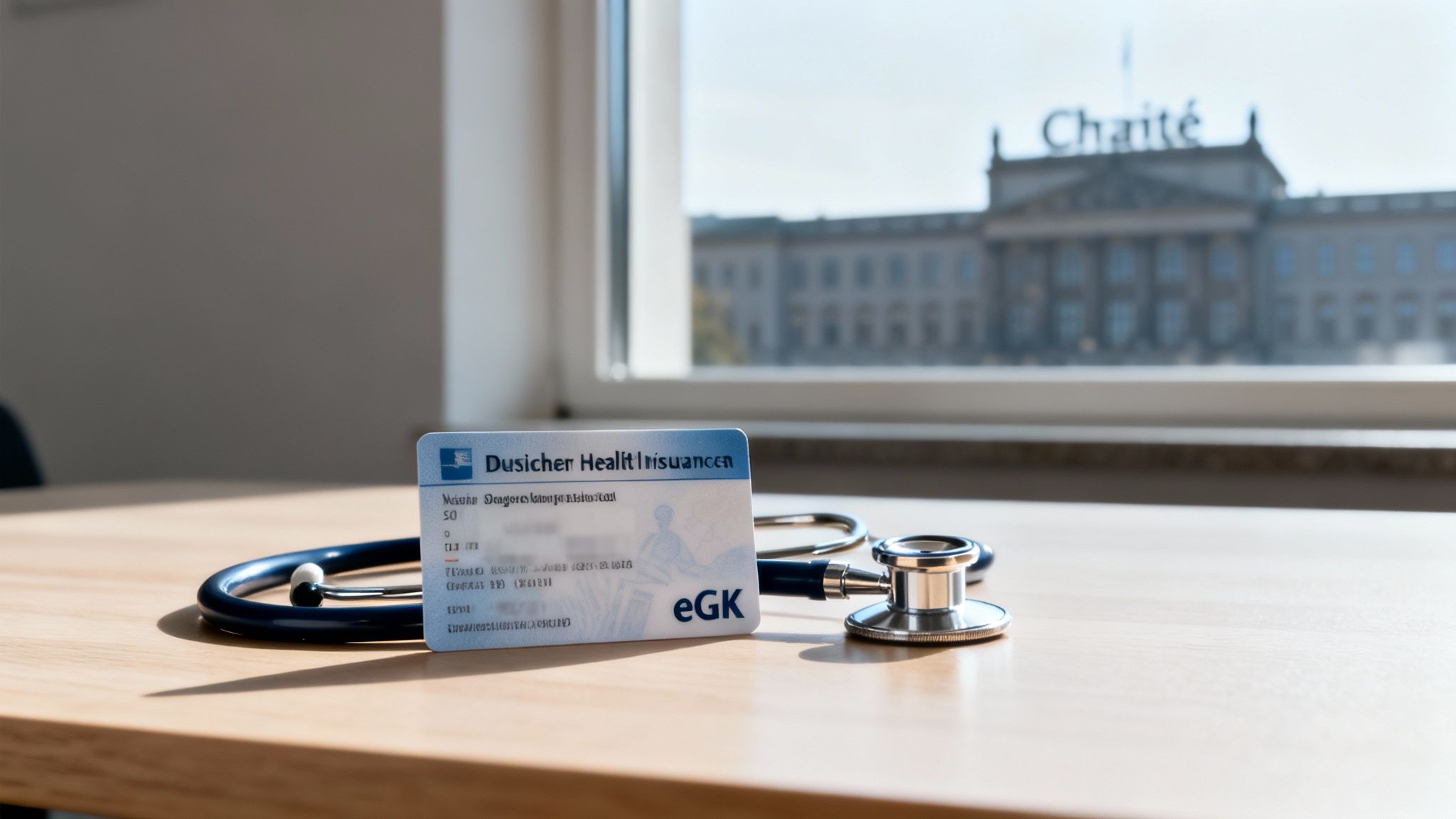 A German health insurance card and stethoscope on a wooden table with a blurred hospital in the background.