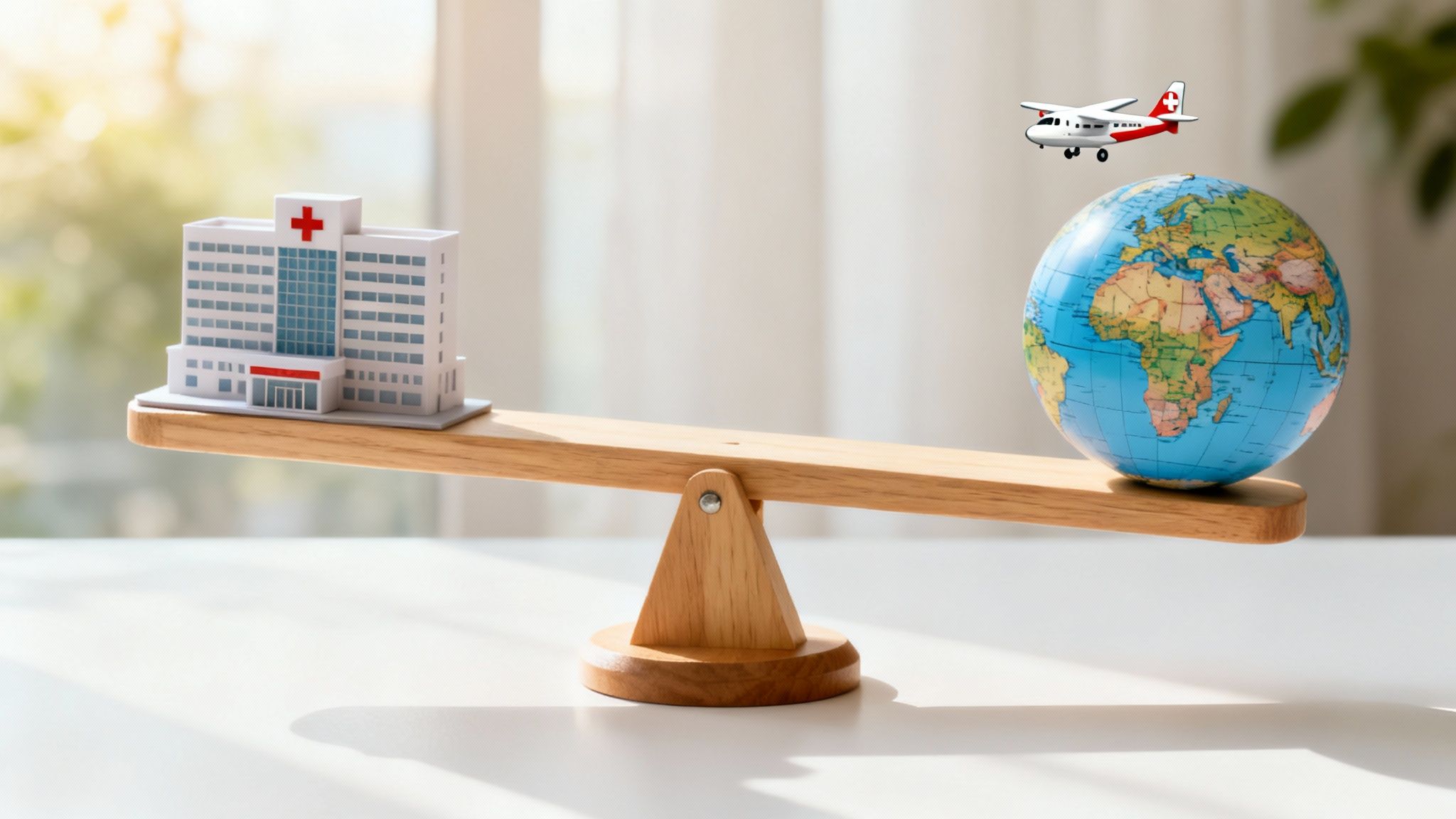 A hospital model and a globe with an airplane balanced on a wooden seesaw, symbolizing medical travel.