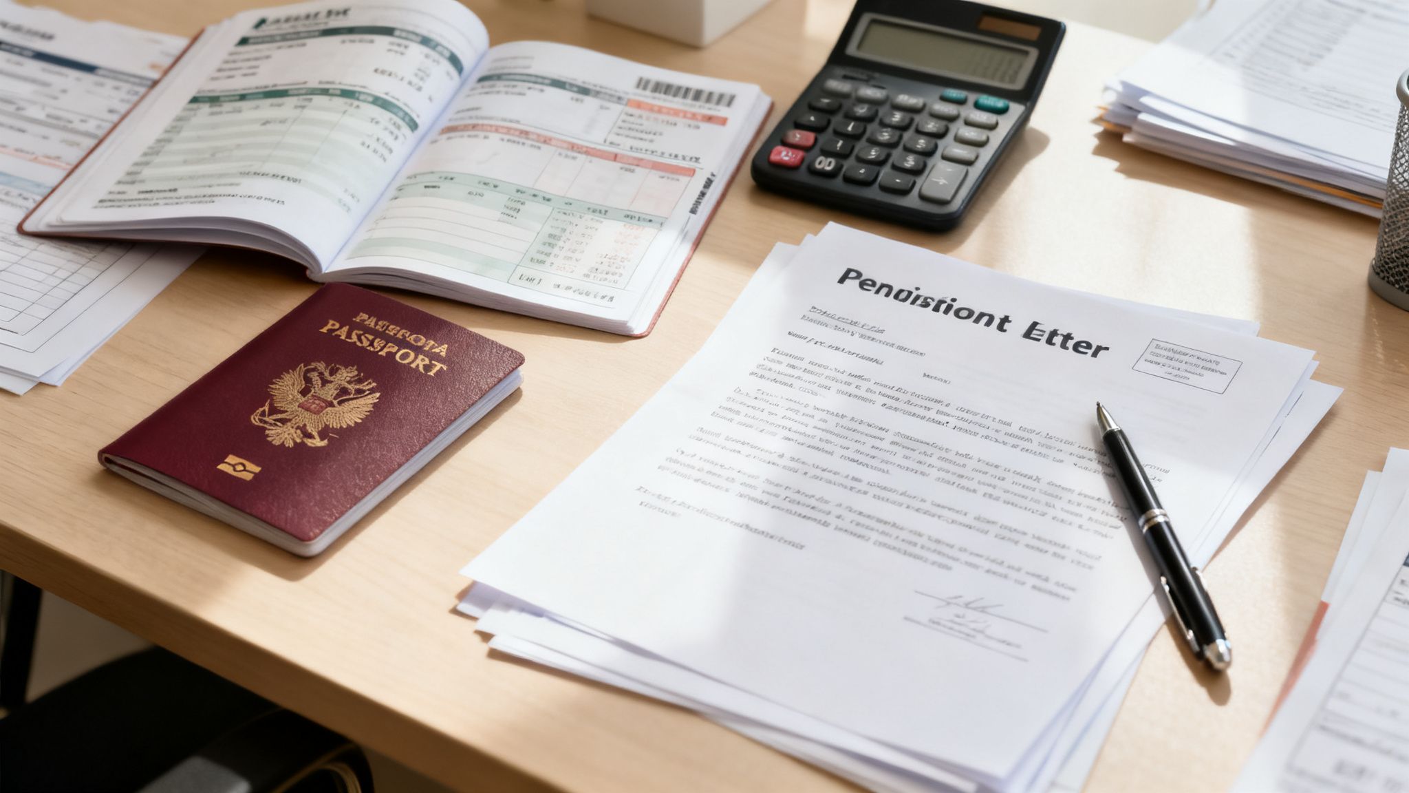 A desk with a Russian passport, financial documents, a calculator, and a pen, implying retirement planning.