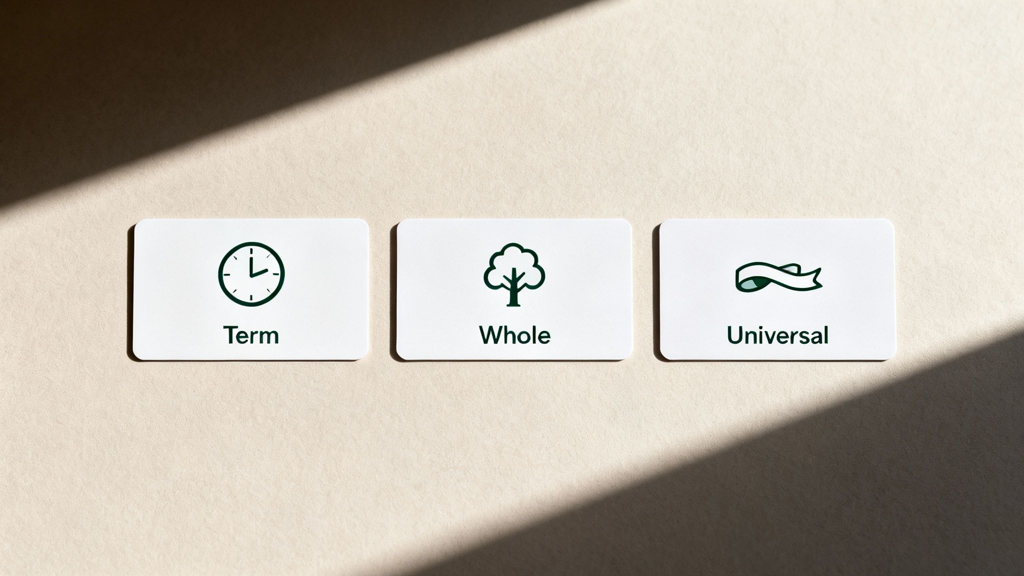 Three white cards display Term (clock), Whole (tree), and Universal (ribbon) life insurance options on a textured background.
