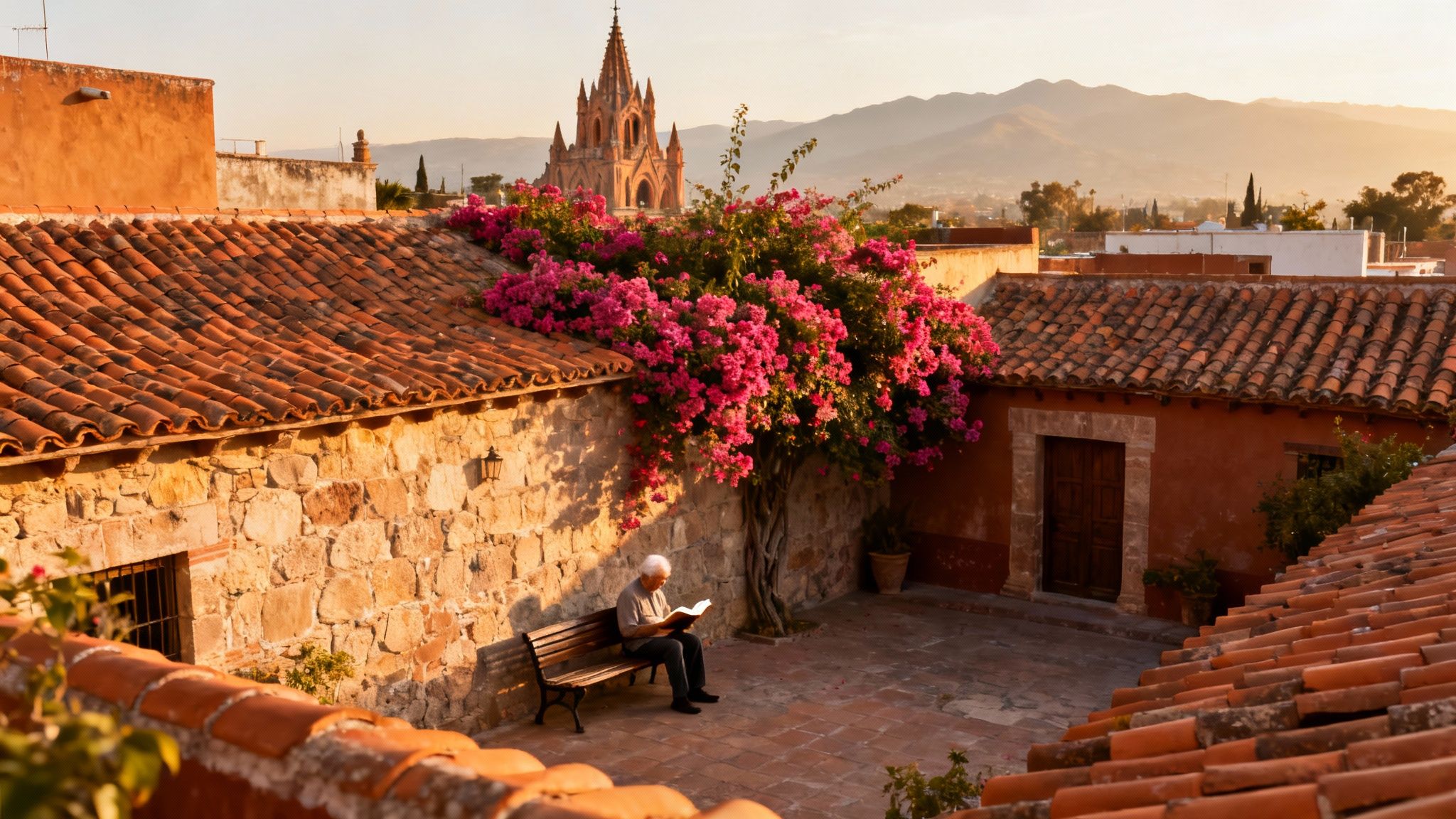 An elderly man reads on a bench in a serene courtyard with terracotta roofs and pink flowers, a church in the distance.