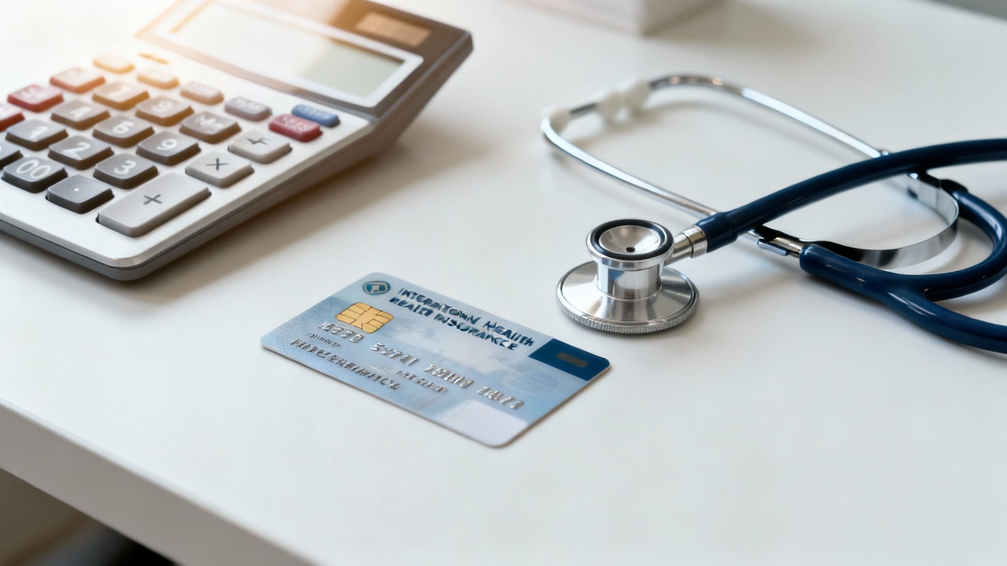 A calculator, a stethoscope, and a health insurance card on a white desk.