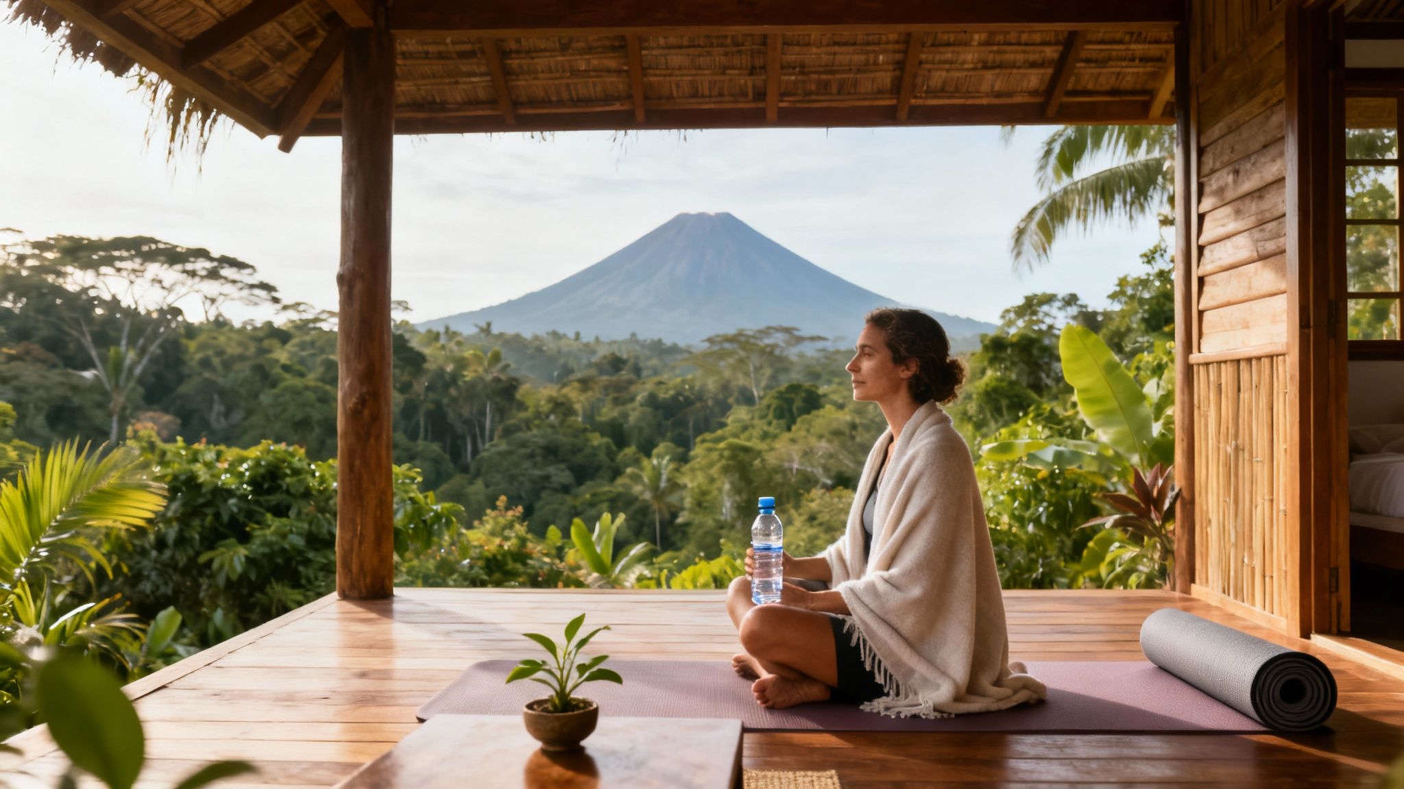 Serene woman meditating outdoors on a yoga mat overlooking a lush tropical landscape and a majestic mountain.