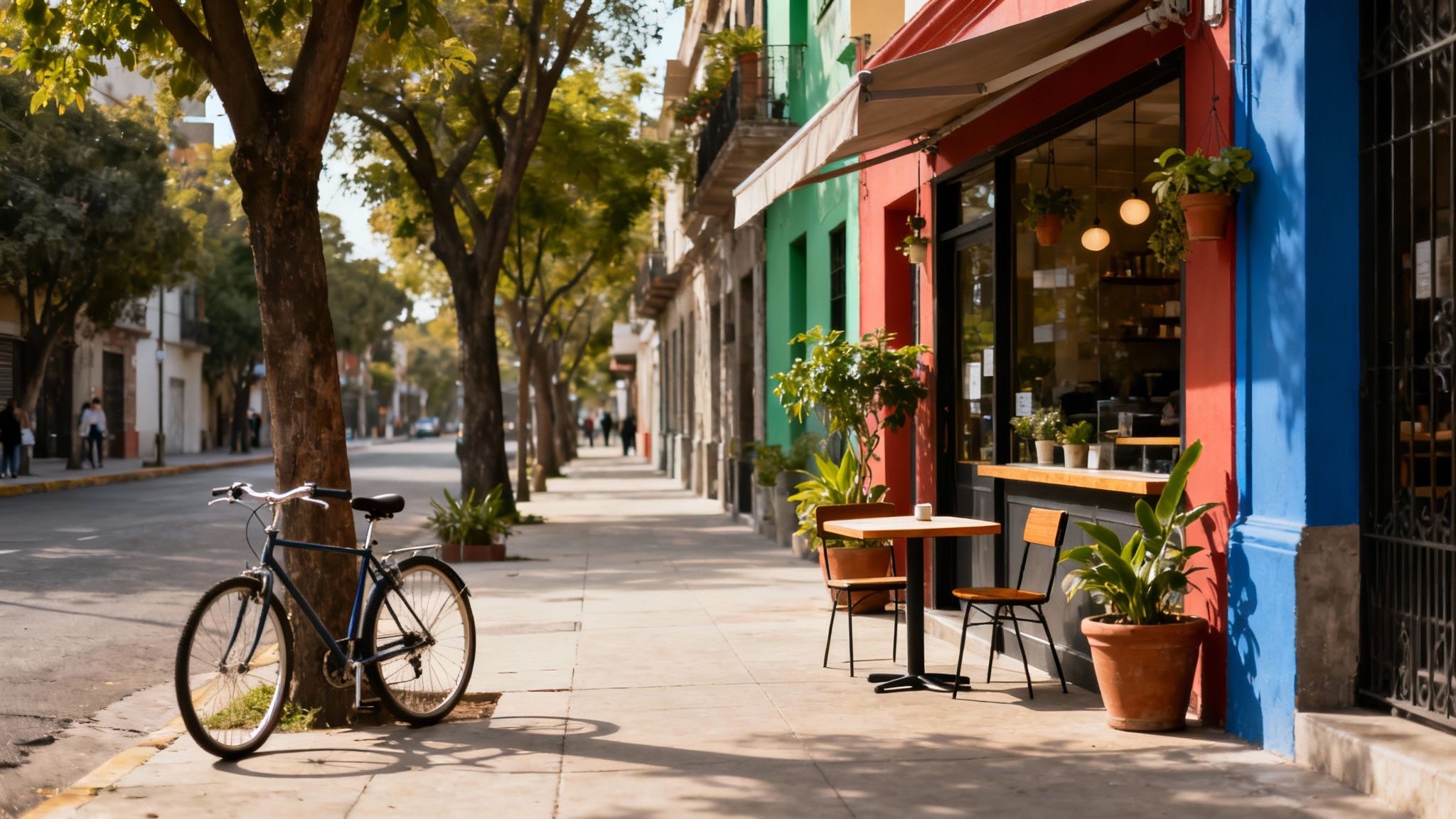 Colorful street cafe with outdoor seating and bicycle parked under trees in vibrant neighborhood