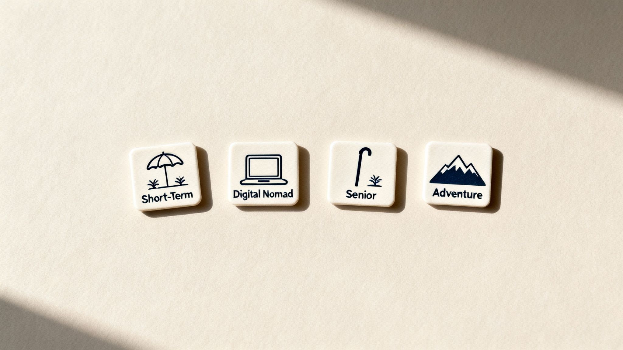 Four white tiles on a beige background, representing various travel styles: Short-Term, Digital Nomad, Senior, and Adventure.