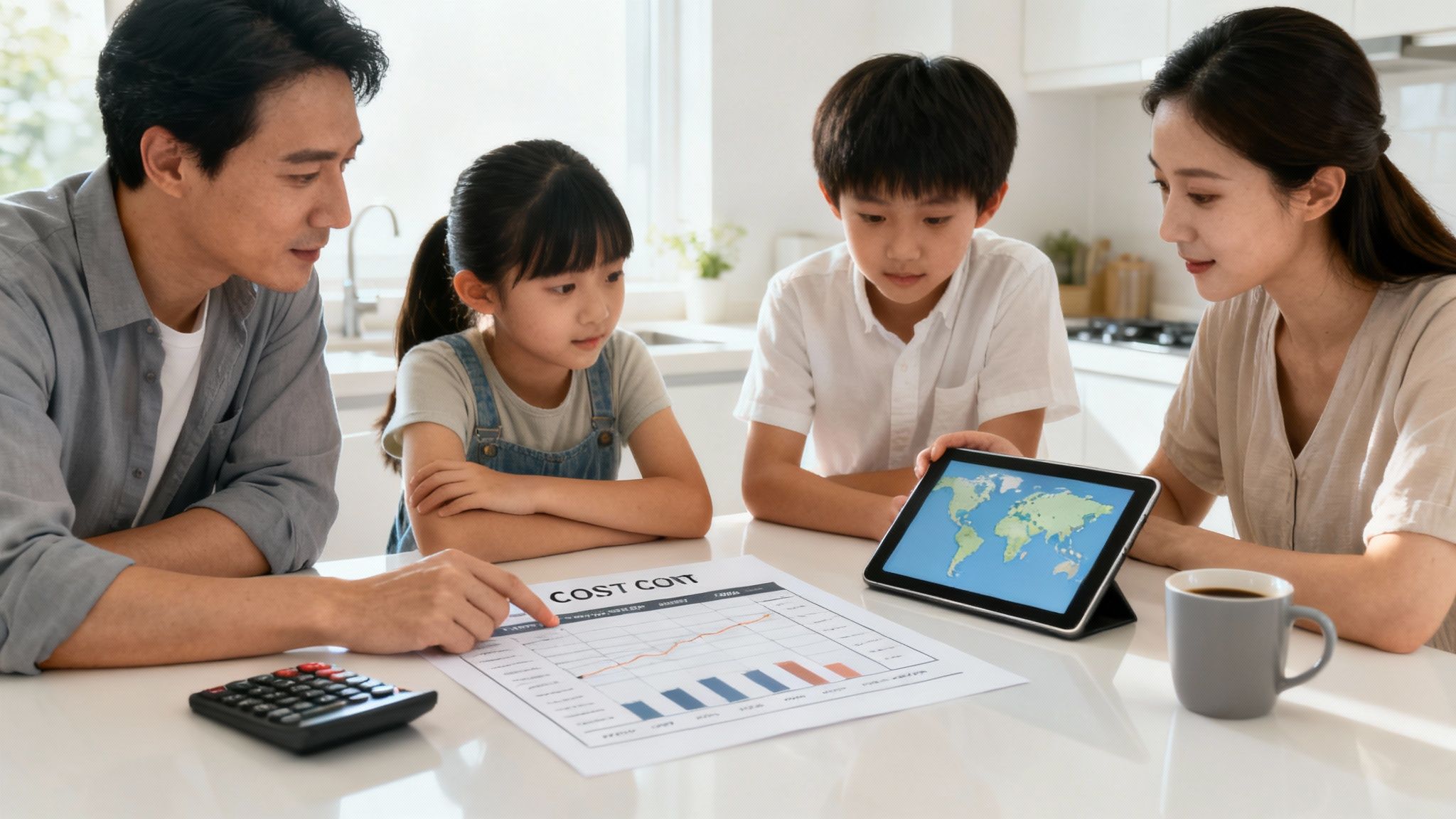 An Asian family reviews financial documents and a tablet with a world map at home.