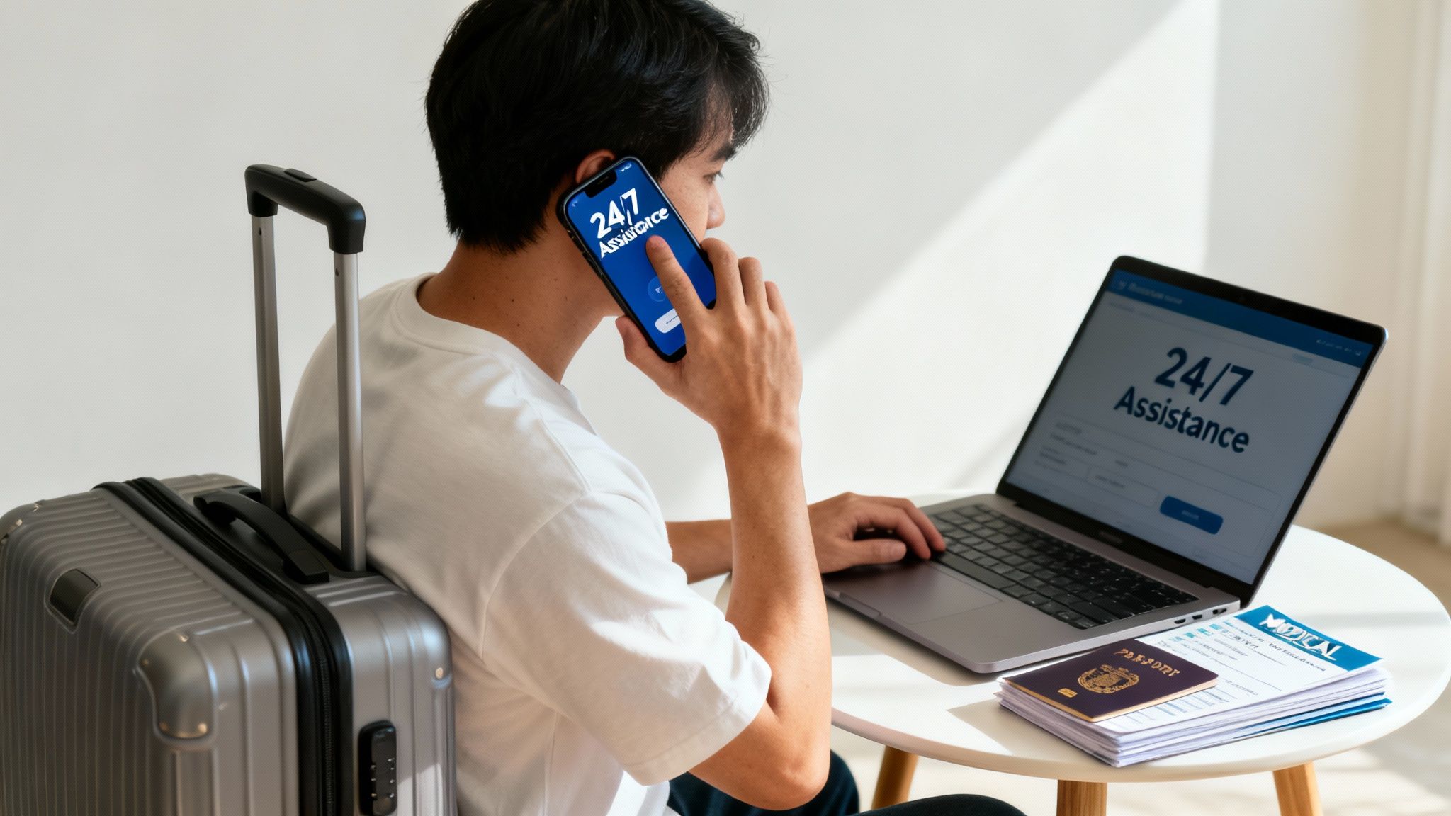 Person on phone and laptop seeking 24/7 travel assistance with suitcase, passport, and medical documents.