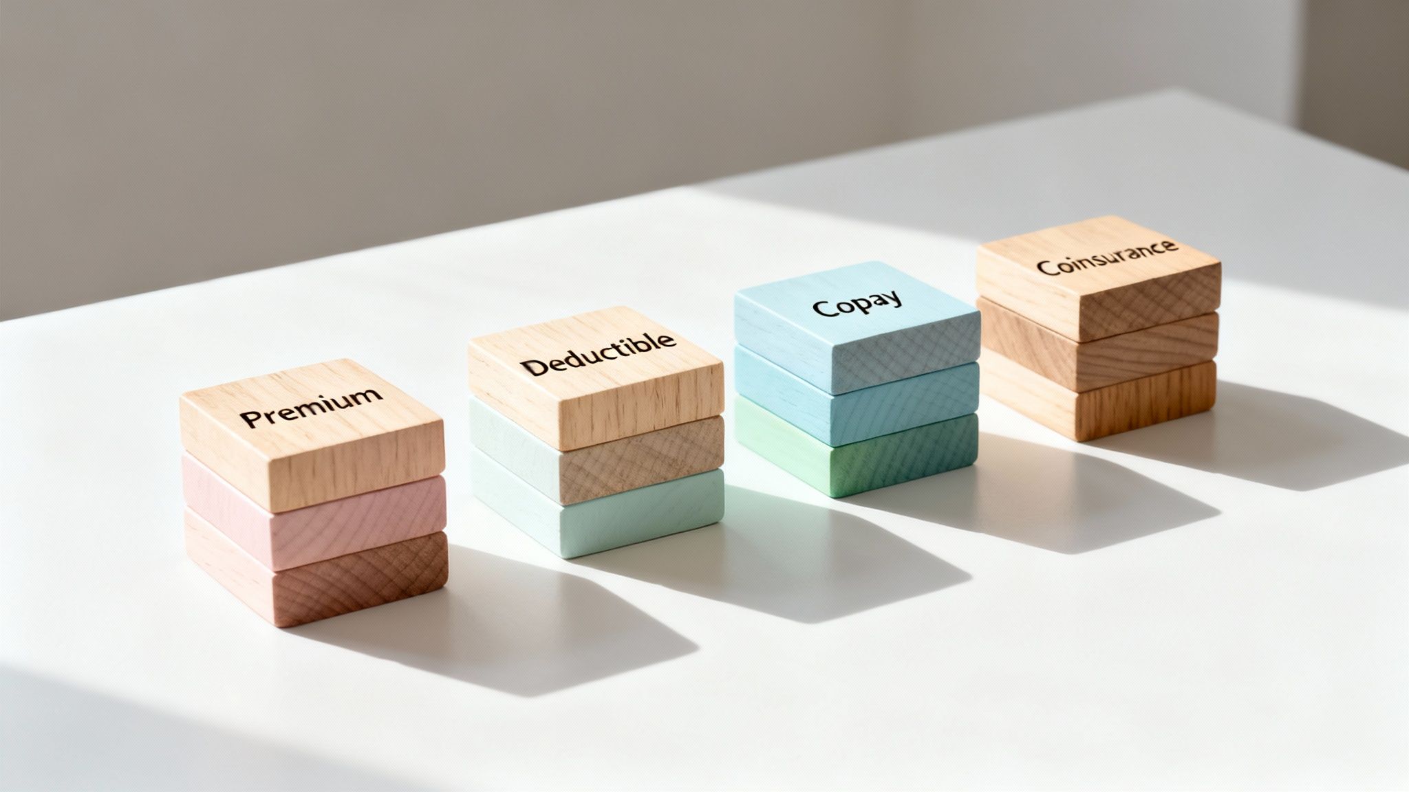 Four stacks of wooden blocks with health insurance terms: Premium, Deductible, Copay, Coinsurance on a white table.