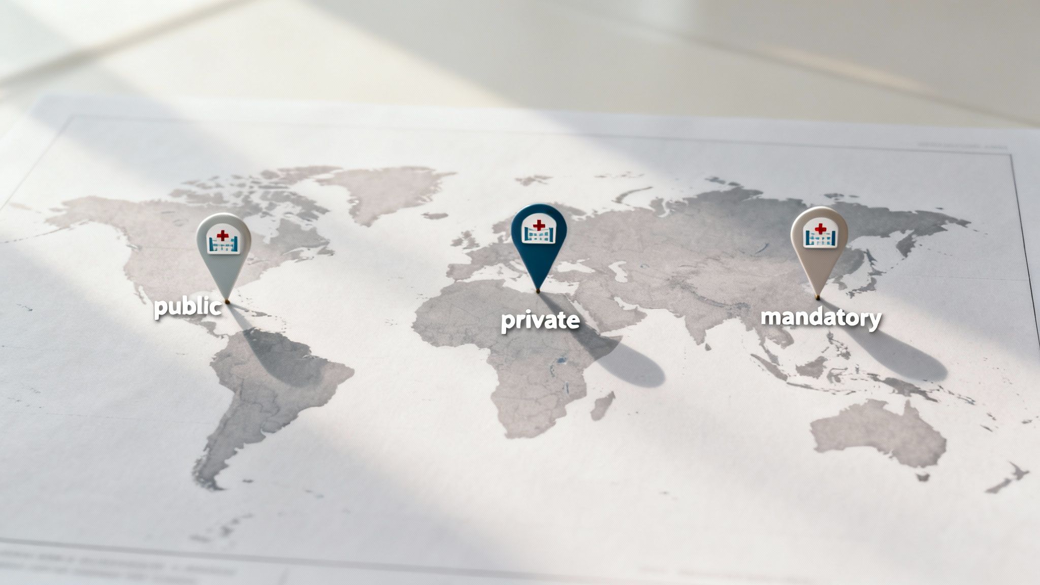 World map illustrating public, private, and mandatory healthcare system types with distinct location pins.