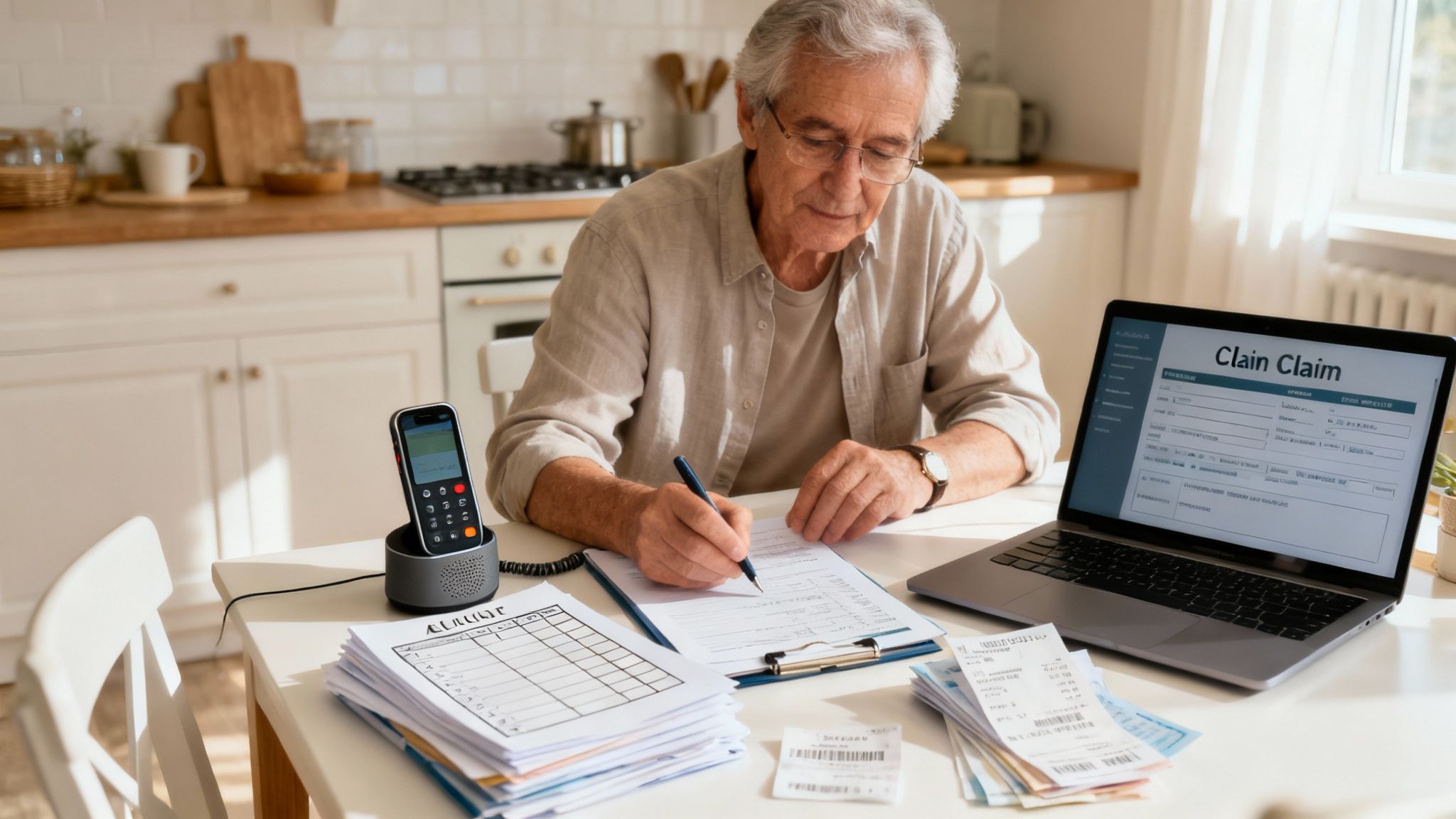 A senior woman on the phone, looking concerned but focused, with travel documents on the table beside her.