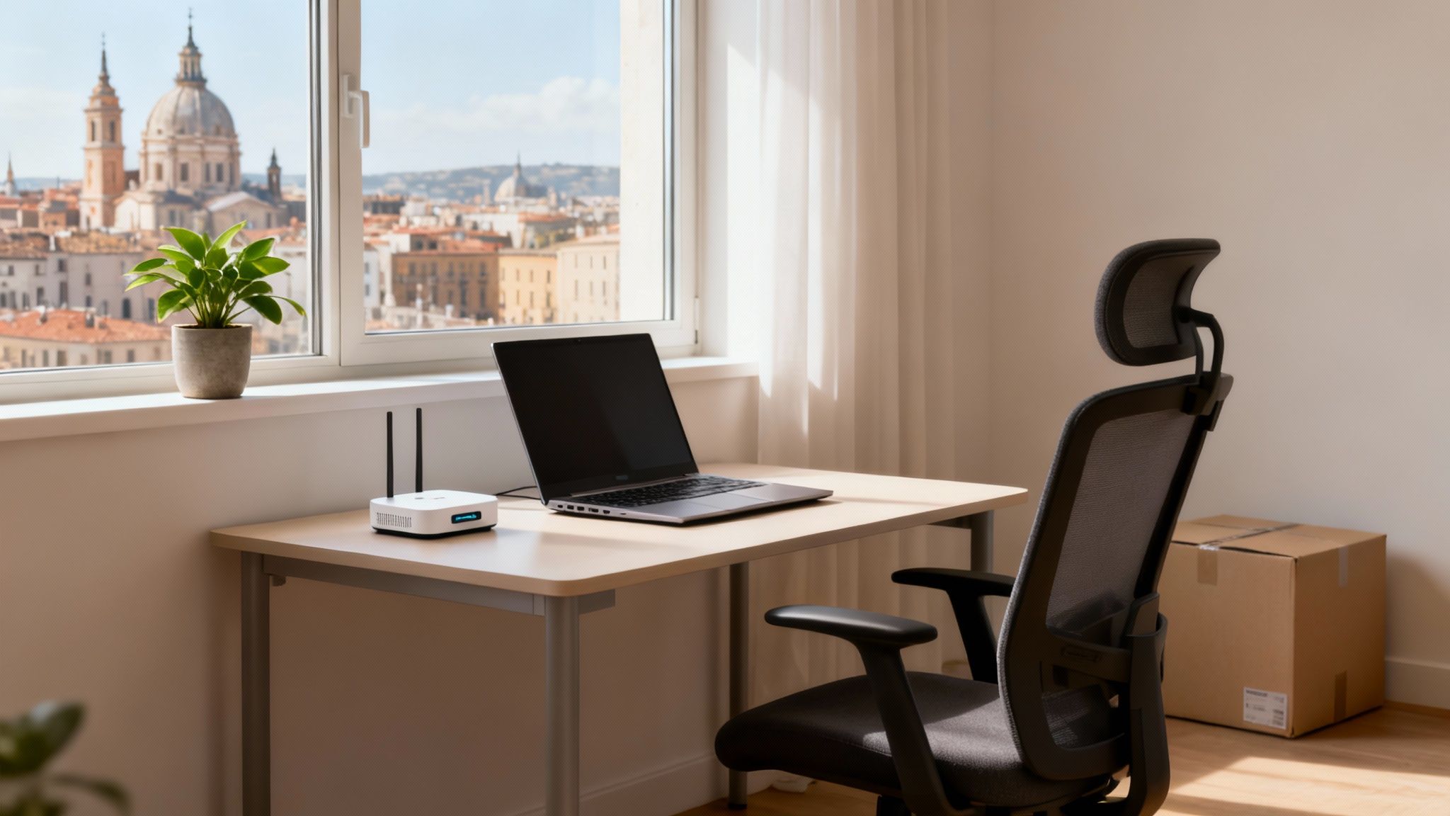 A modern home office setup with a laptop and plant by a window overlooking a beautiful city.