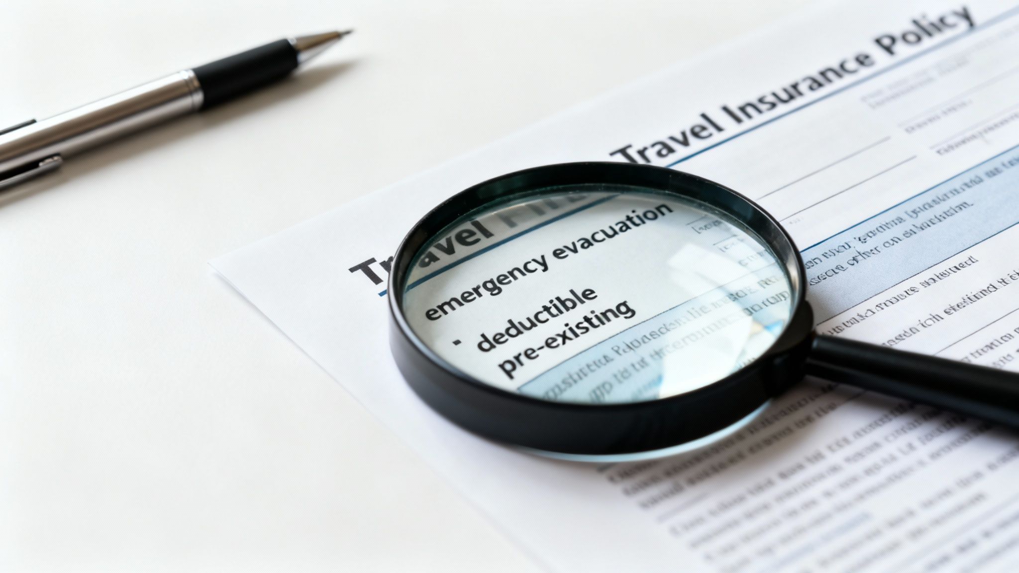 Magnifying glass highlighting 'emergency evacuation', 'deductible', and 'pre-existing' on a travel insurance policy.