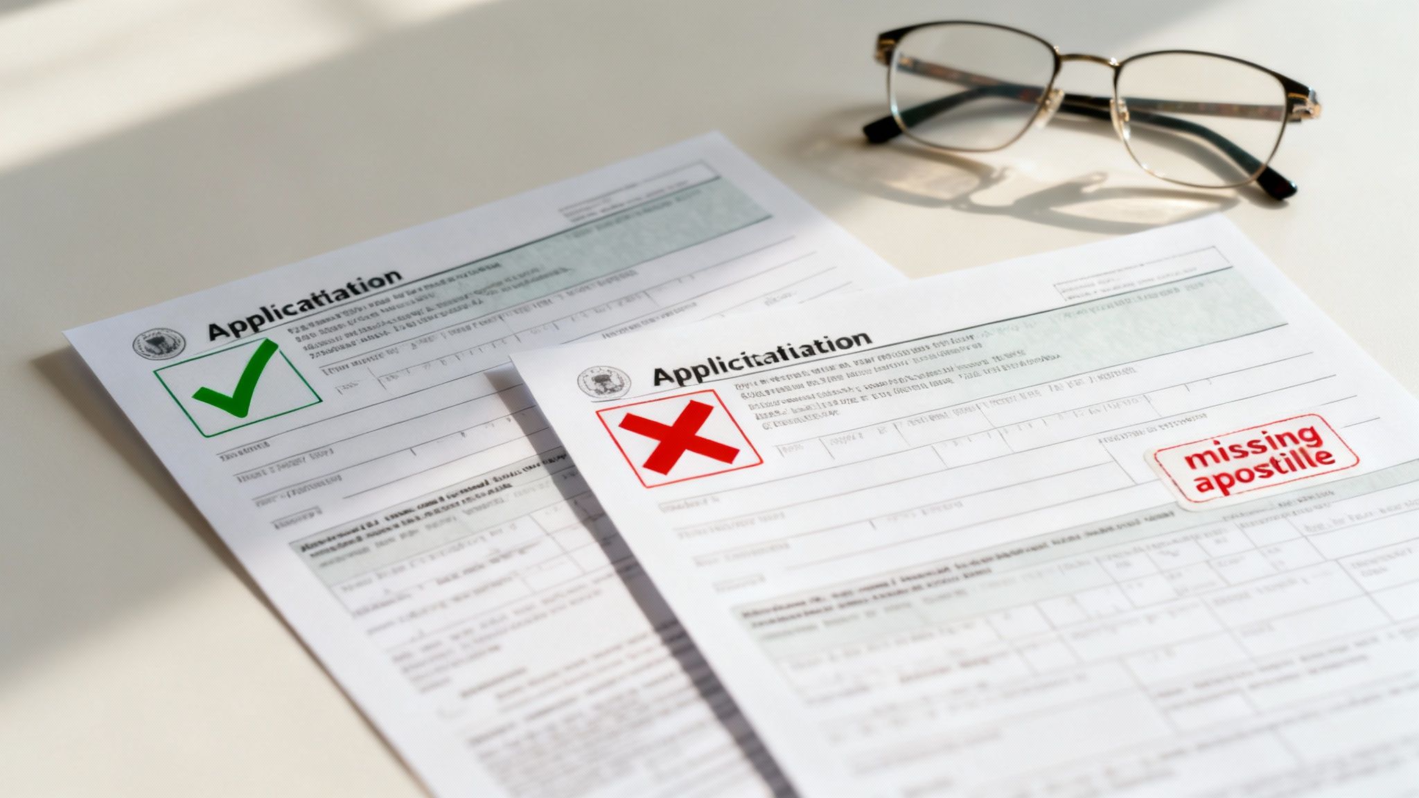 Two application forms on a desk, one approved with a checkmark, one rejected for missing apostille, with glasses.
