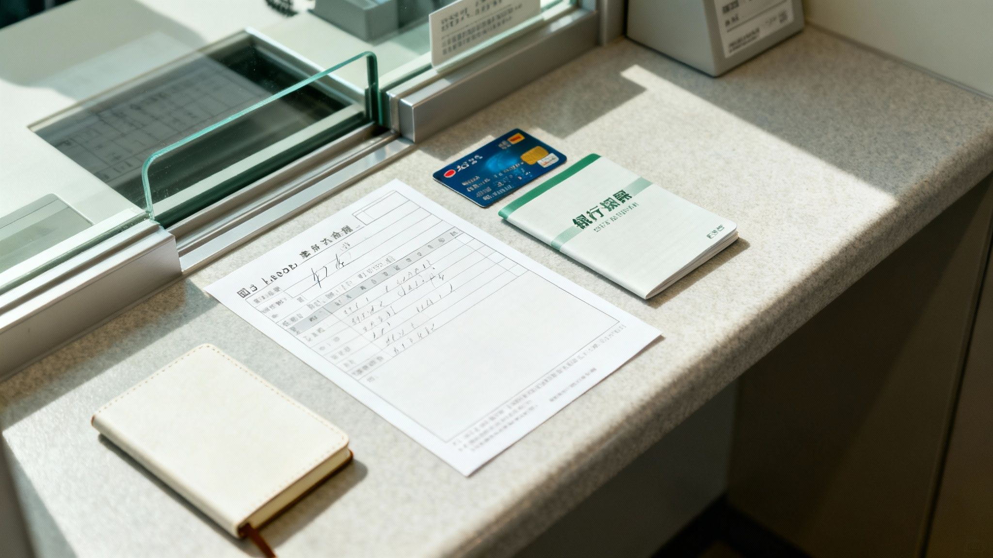 Bank documents, credit card, and passbook arranged on desk for Japanese banking setup