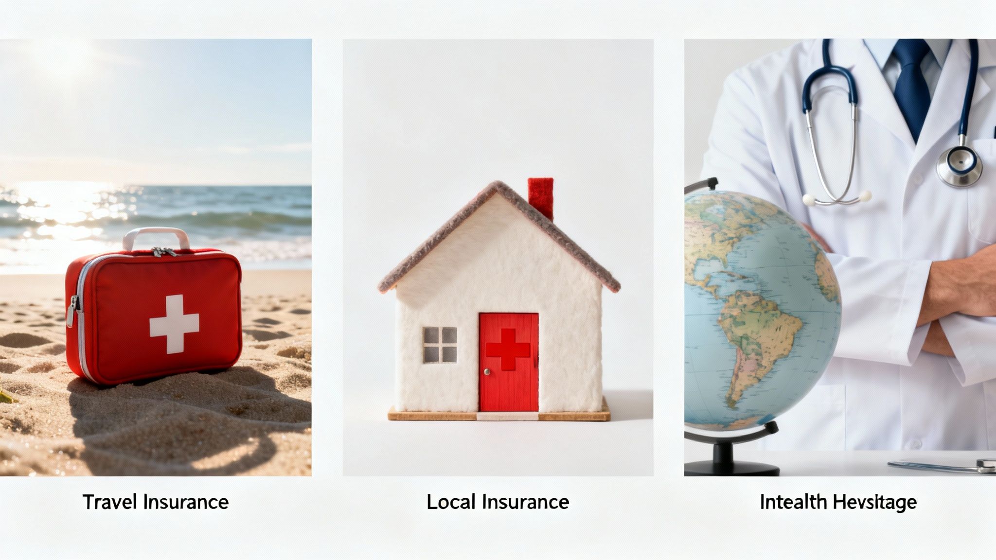 Three panels showing travel insurance (first-aid kit), local insurance (house), and international health insurance (doctor with globe).
