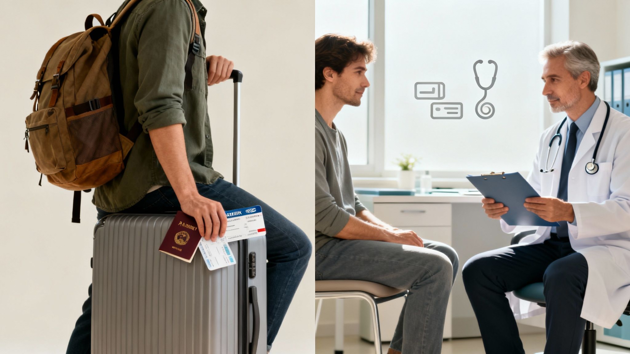 A traveler with a suitcase, passport, and boarding pass alongside a patient consulting a doctor.