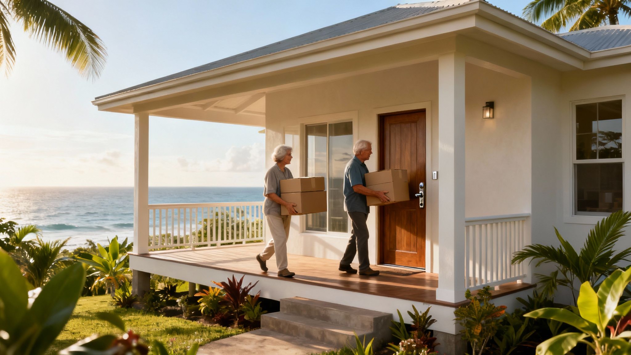 Elderly couple carries moving boxes into a beautiful house overlooking the ocean, hinting at retirement.