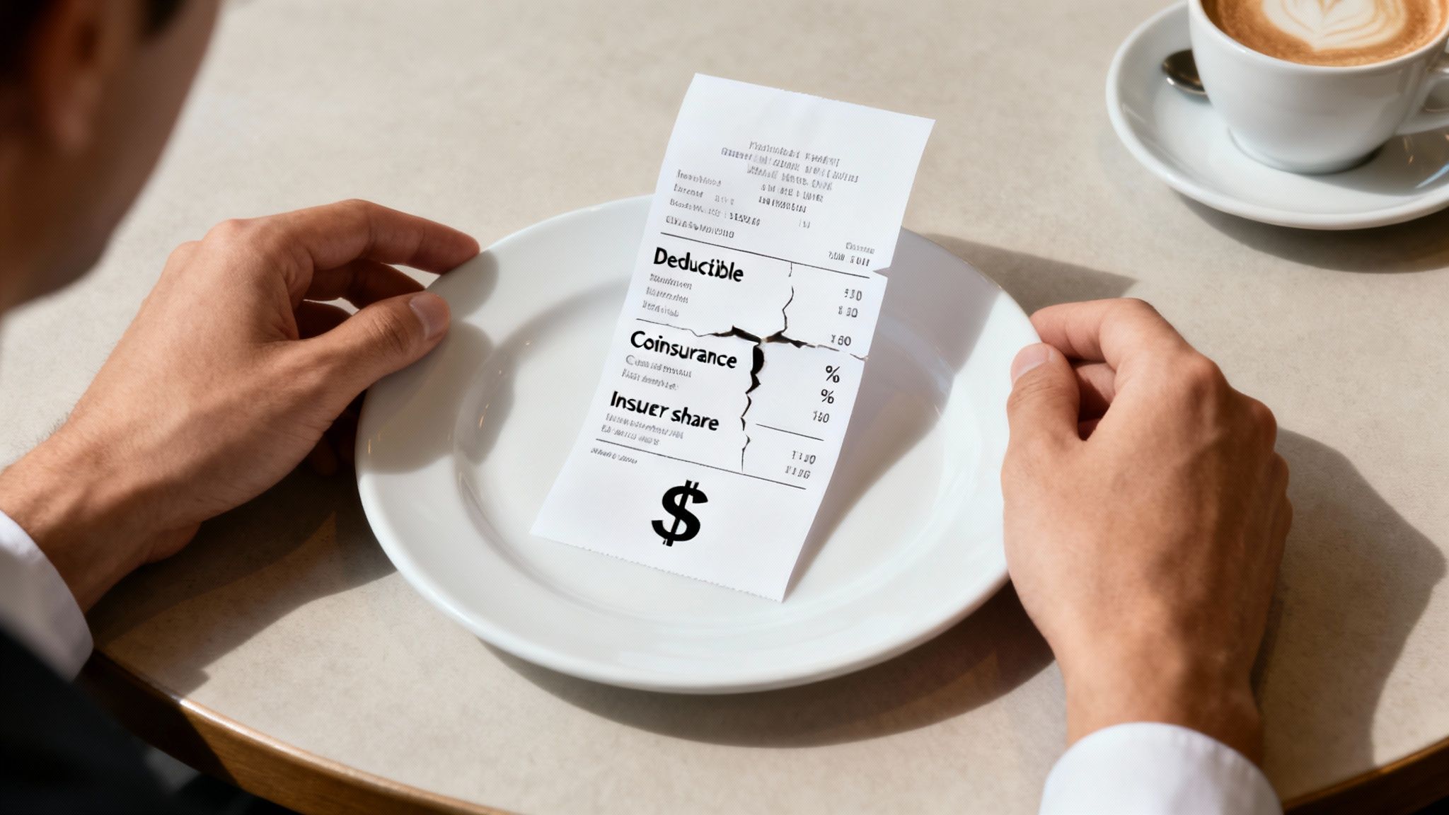 A person's hands hold a plate with a torn receipt showing deductible, coinsurance, and a dollar sign, representing high medical costs.
