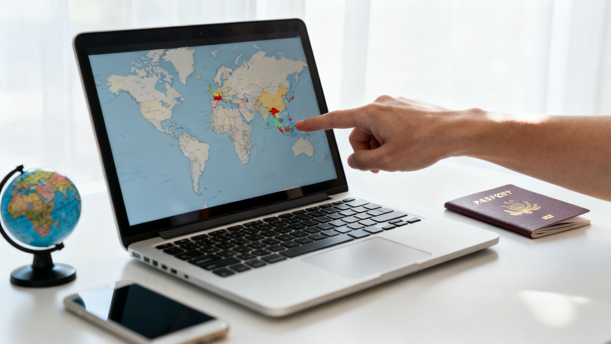 Person pointing at a world map on a laptop, with a globe, phone, and passport nearby.