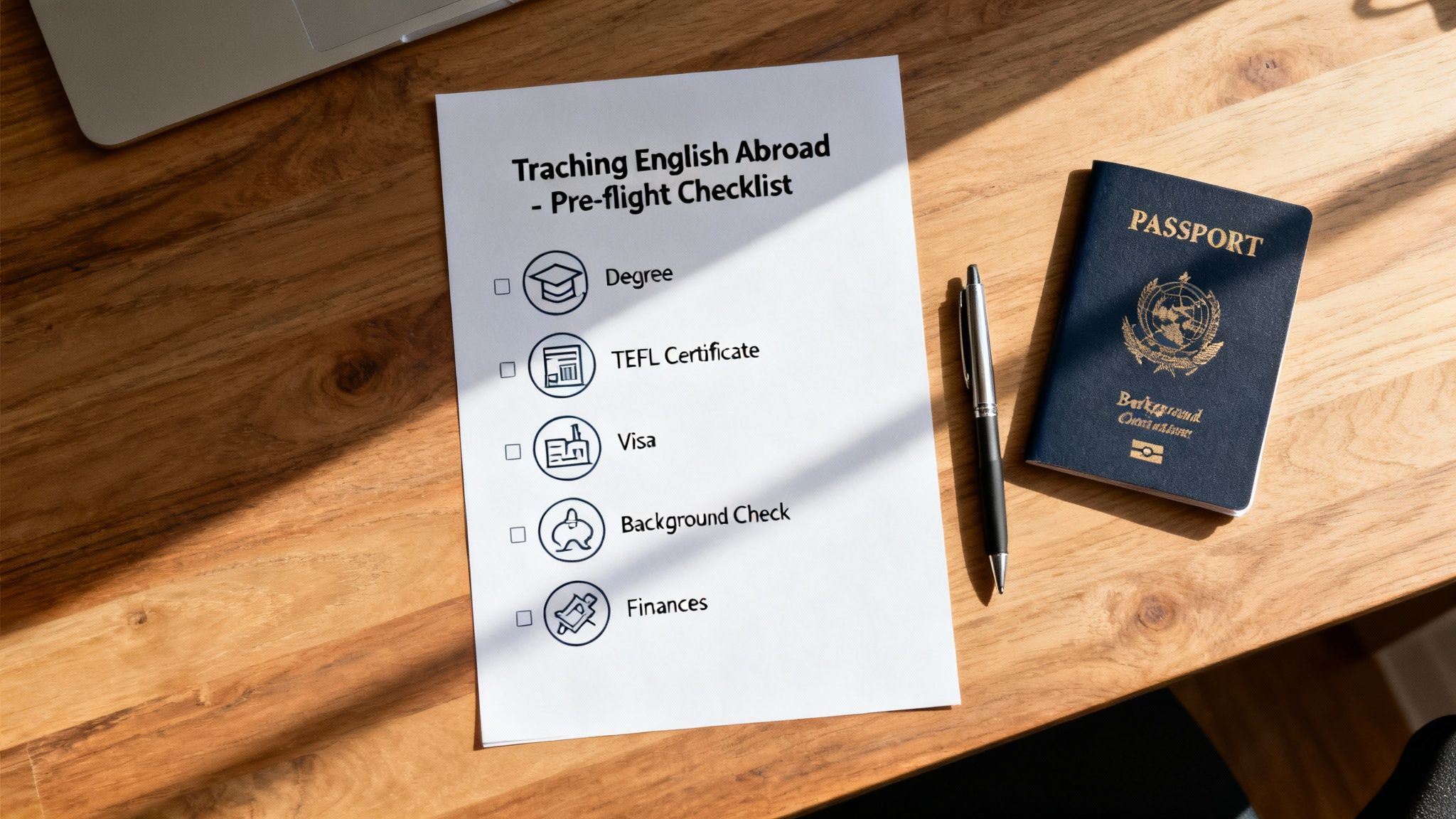 A pre-flight checklist for teaching English abroad, showing a passport and pen on a wooden desk.