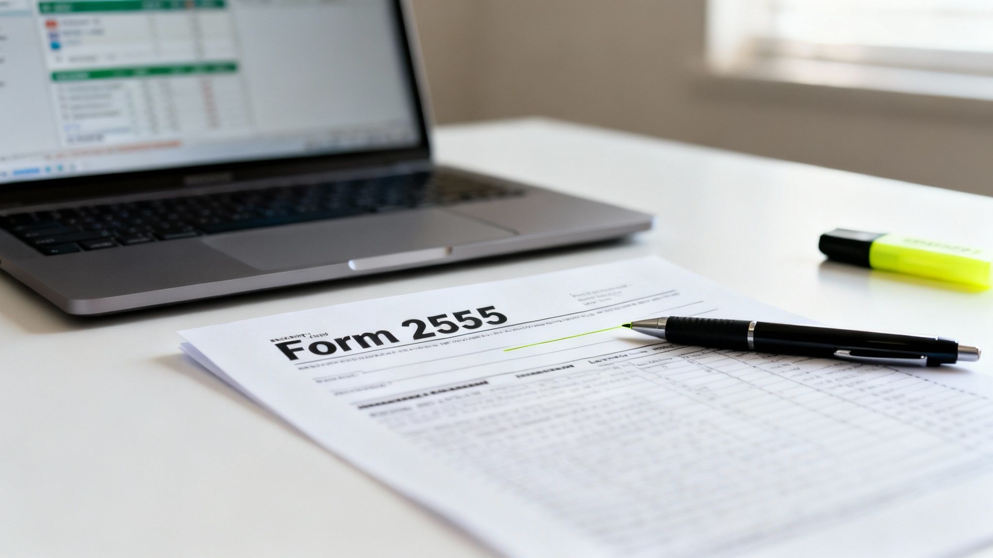A close-up of Form 2555 for foreign earned income exclusion, a pen, and a laptop on a white desk.