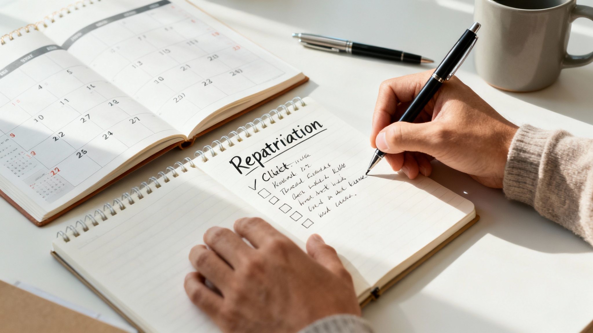 A person's hand writing a 'Repatriation' checklist in a notebook on a white desk.