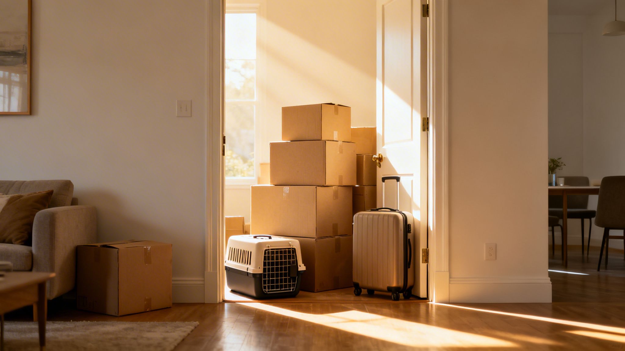 Sunlit room with moving boxes, a pet carrier, and a suitcase, ready for relocation.