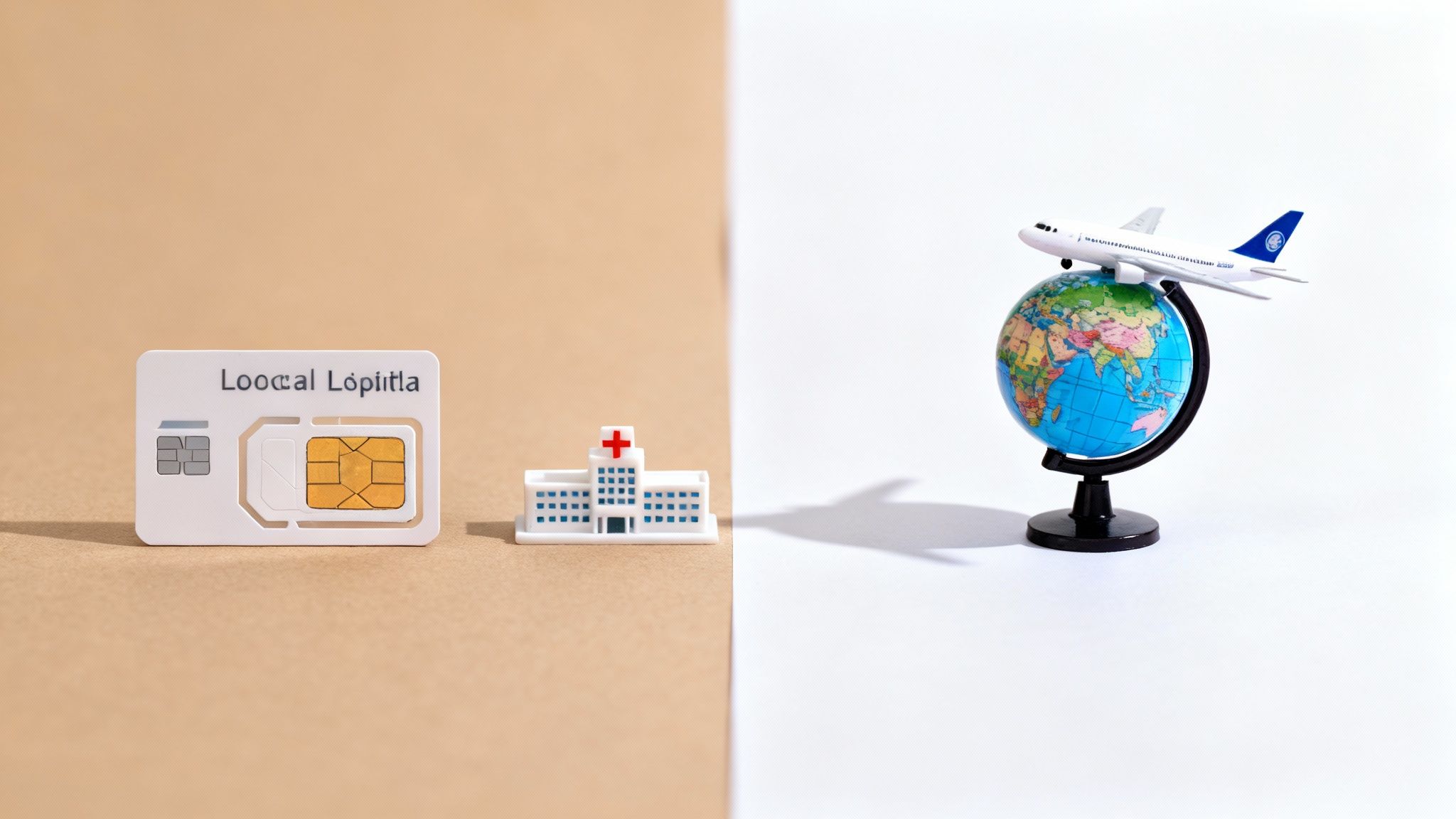 A split image with a SIM card and hospital on the left, and a globe with a plane on the right, symbolizing local versus global healthcare options.
