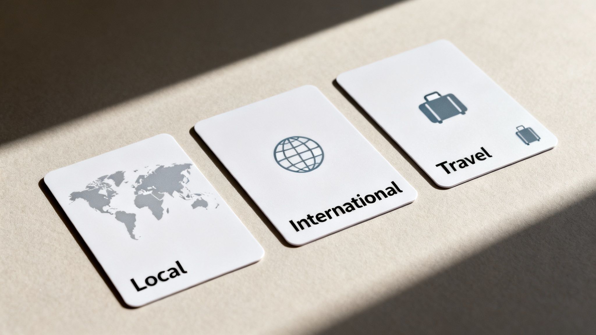 Three white cards: 'Local' with a world map, 'International' with a globe, and 'Travel' with luggage icons.