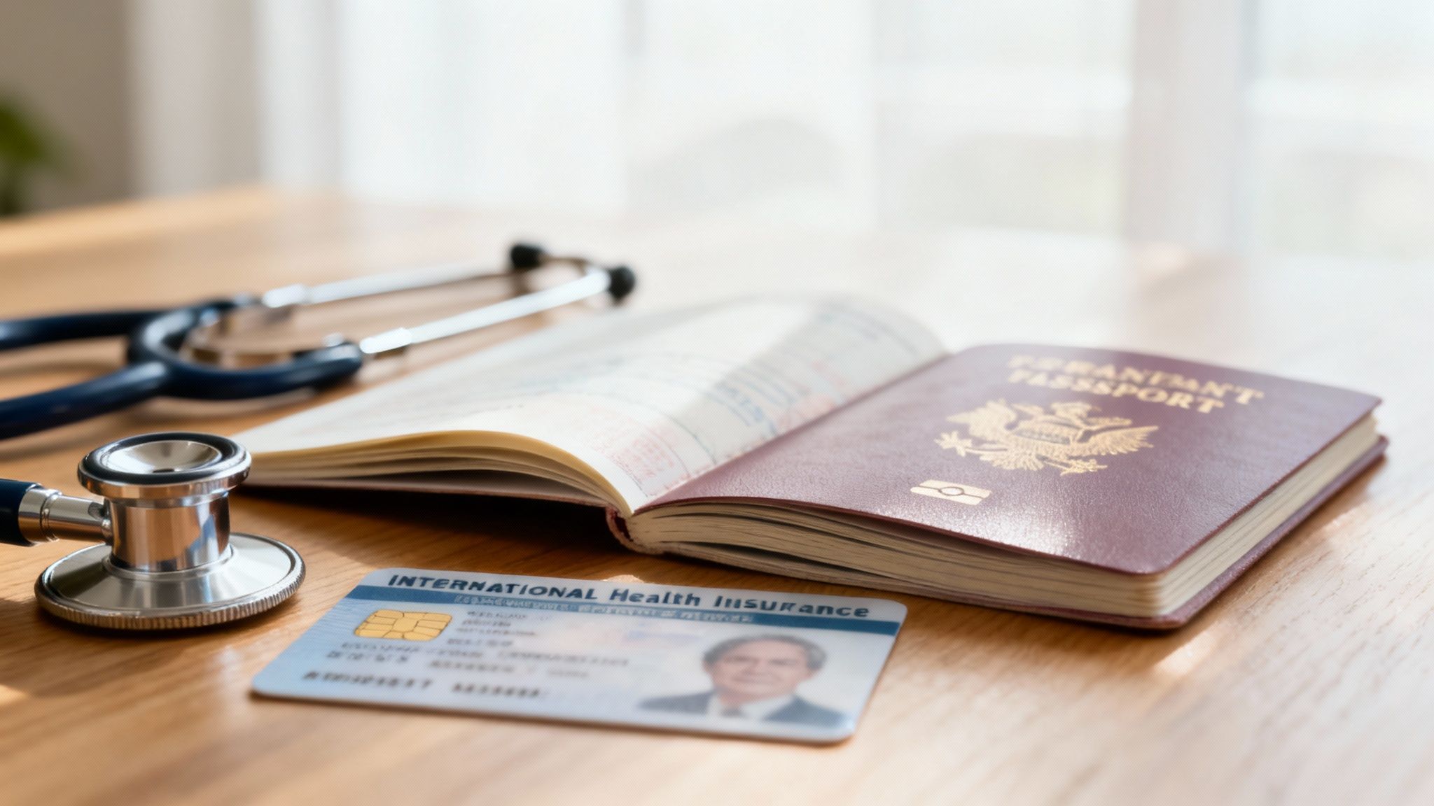 Stethoscope, open passport, and international health insurance card on a wooden table.