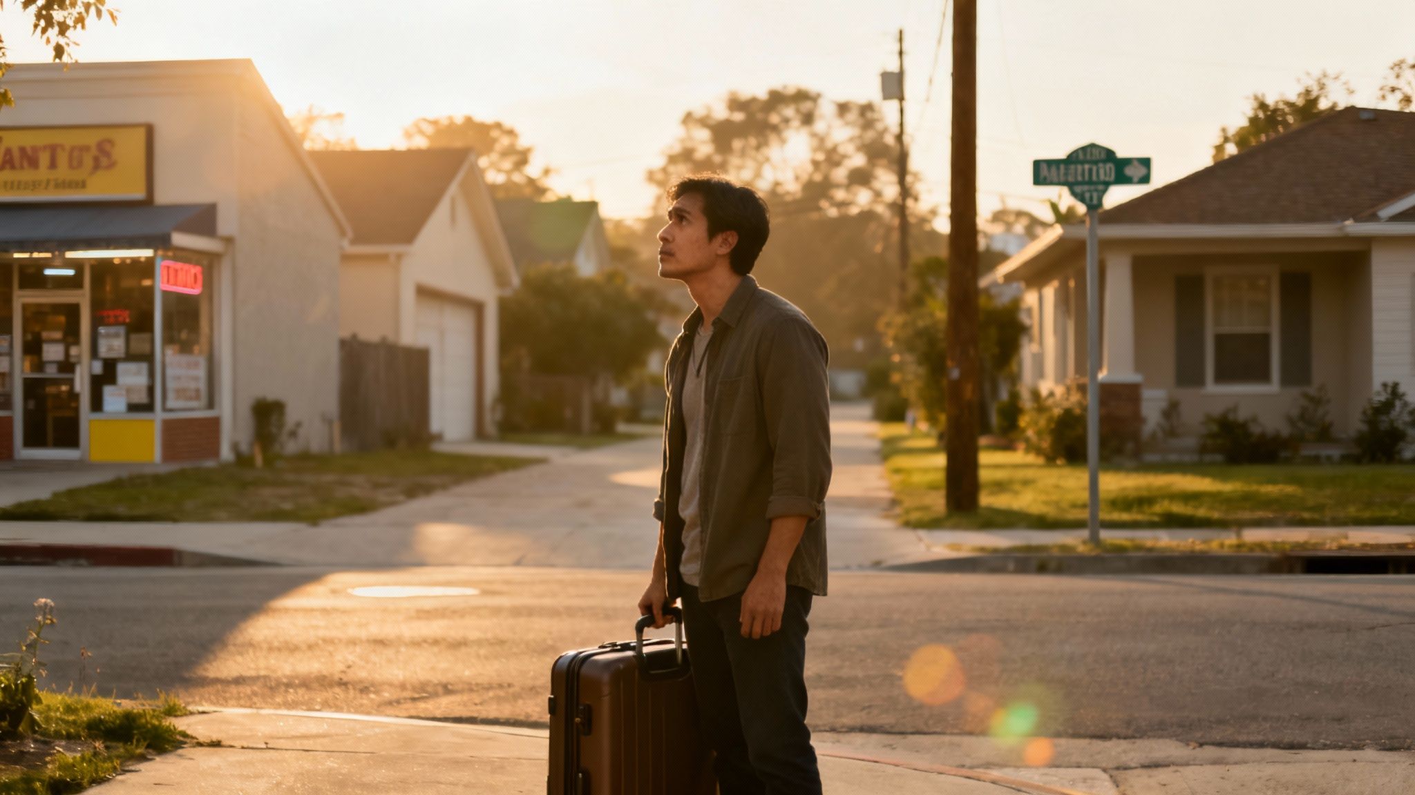 A man with a suitcase stands on a street corner, looking up in warm sunlight, with houses and a shop in the background.