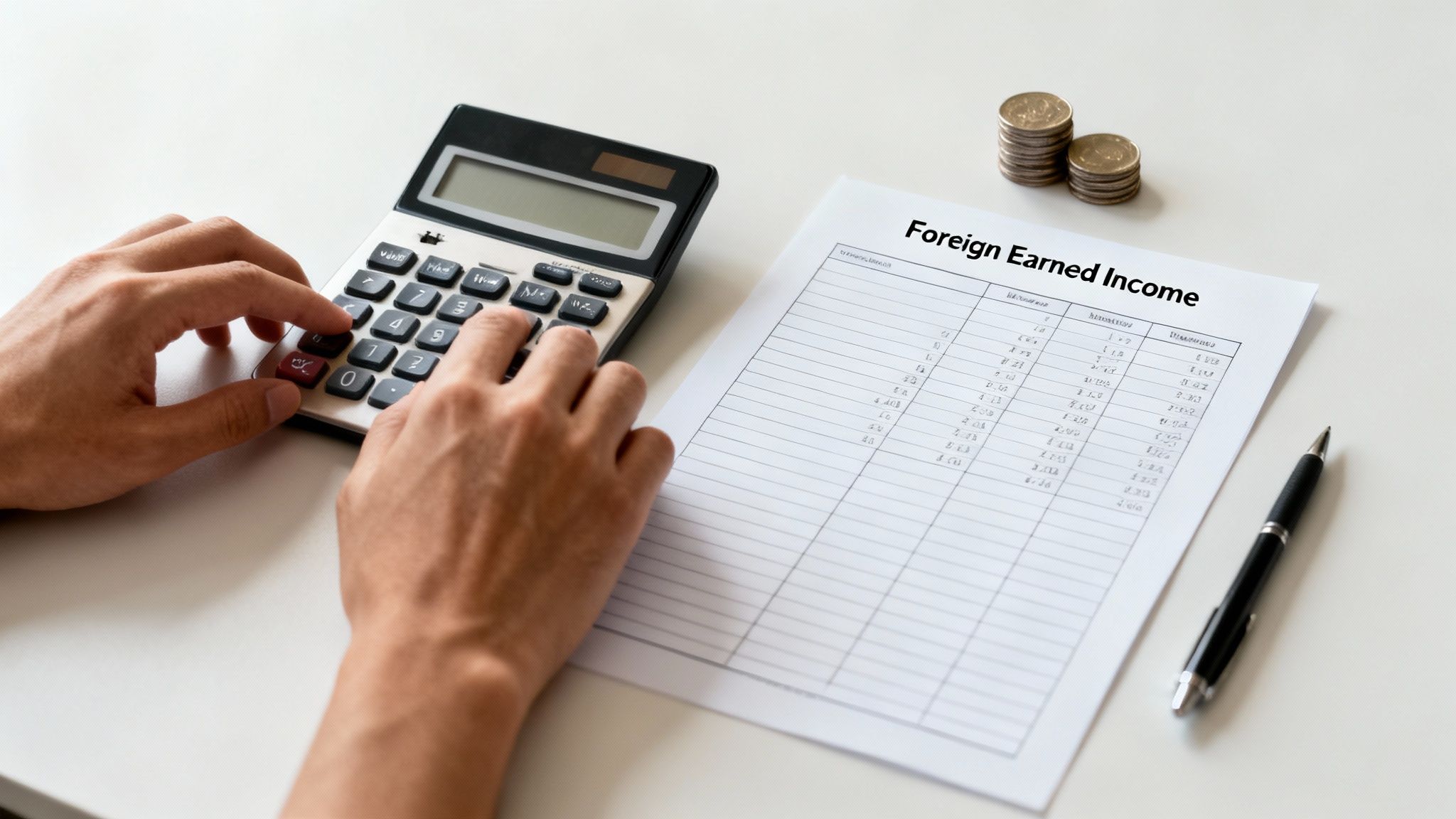 Hands using a calculator beside a 'Foreign Earned Income' document, pen, and stacked coins.