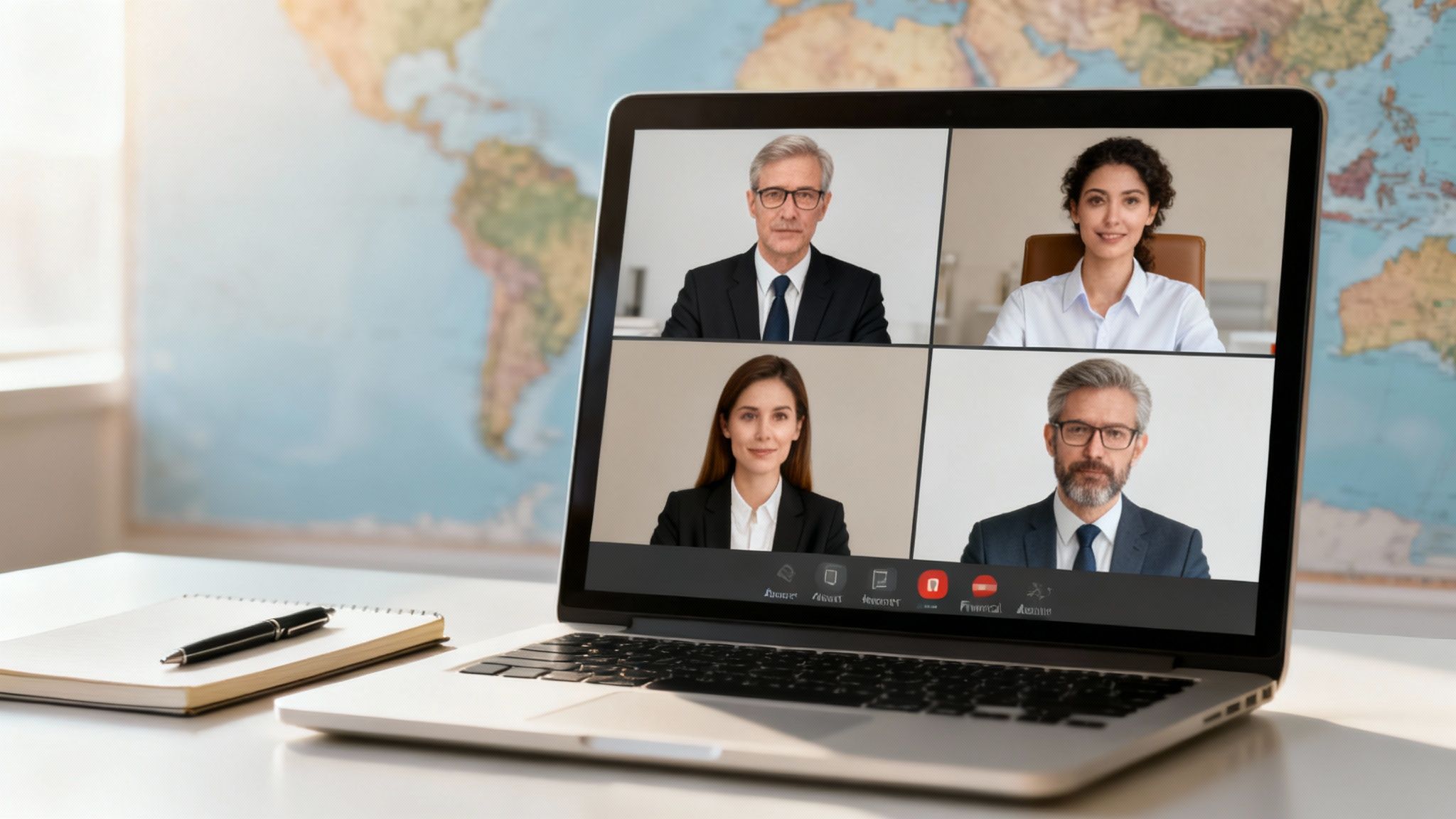 Laptop displaying a video conference with four diverse professionals on a desk with a notebook.